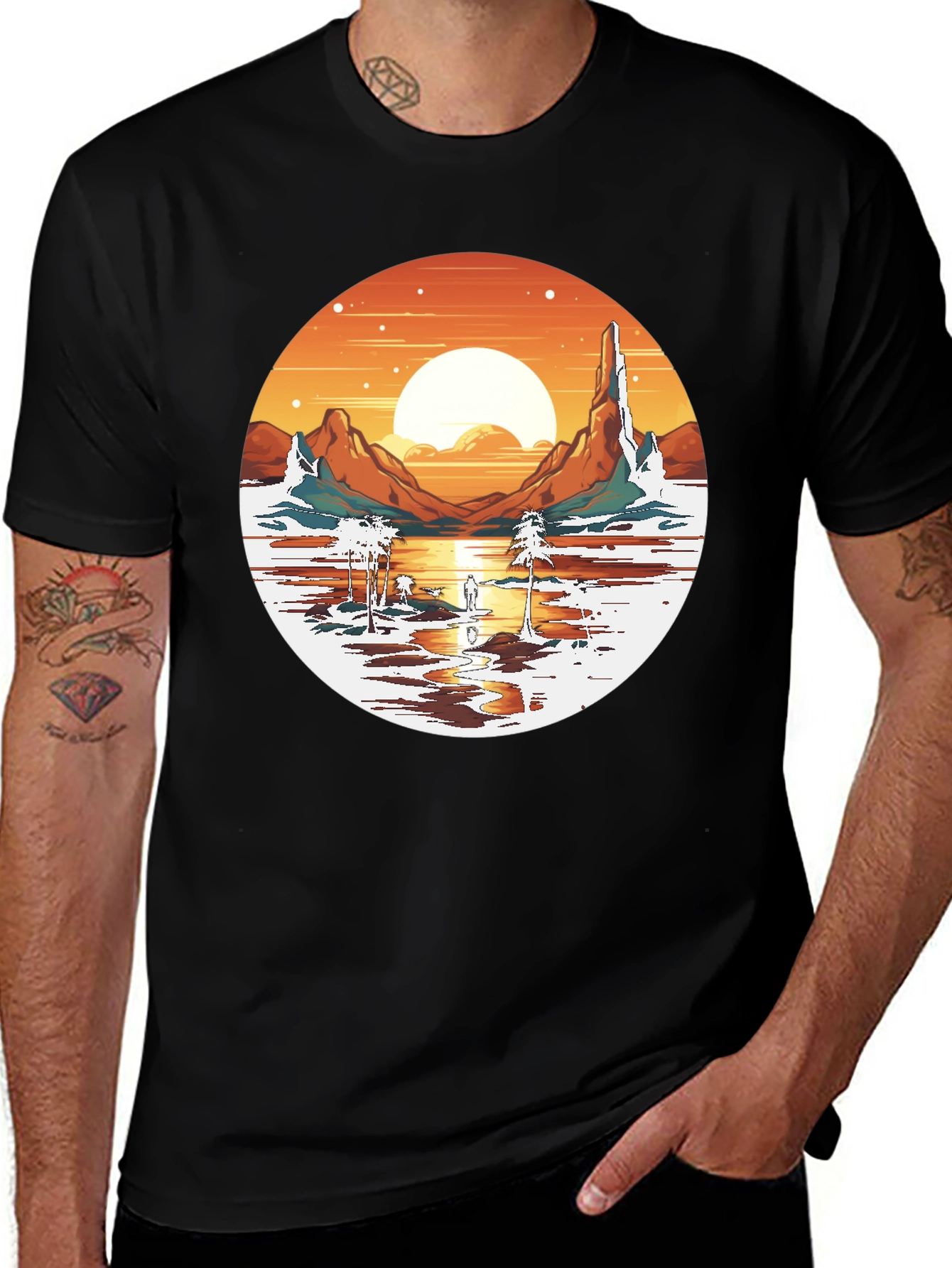 Sunset Desert Graphic Tee - Black Crew Neck T-Shirt