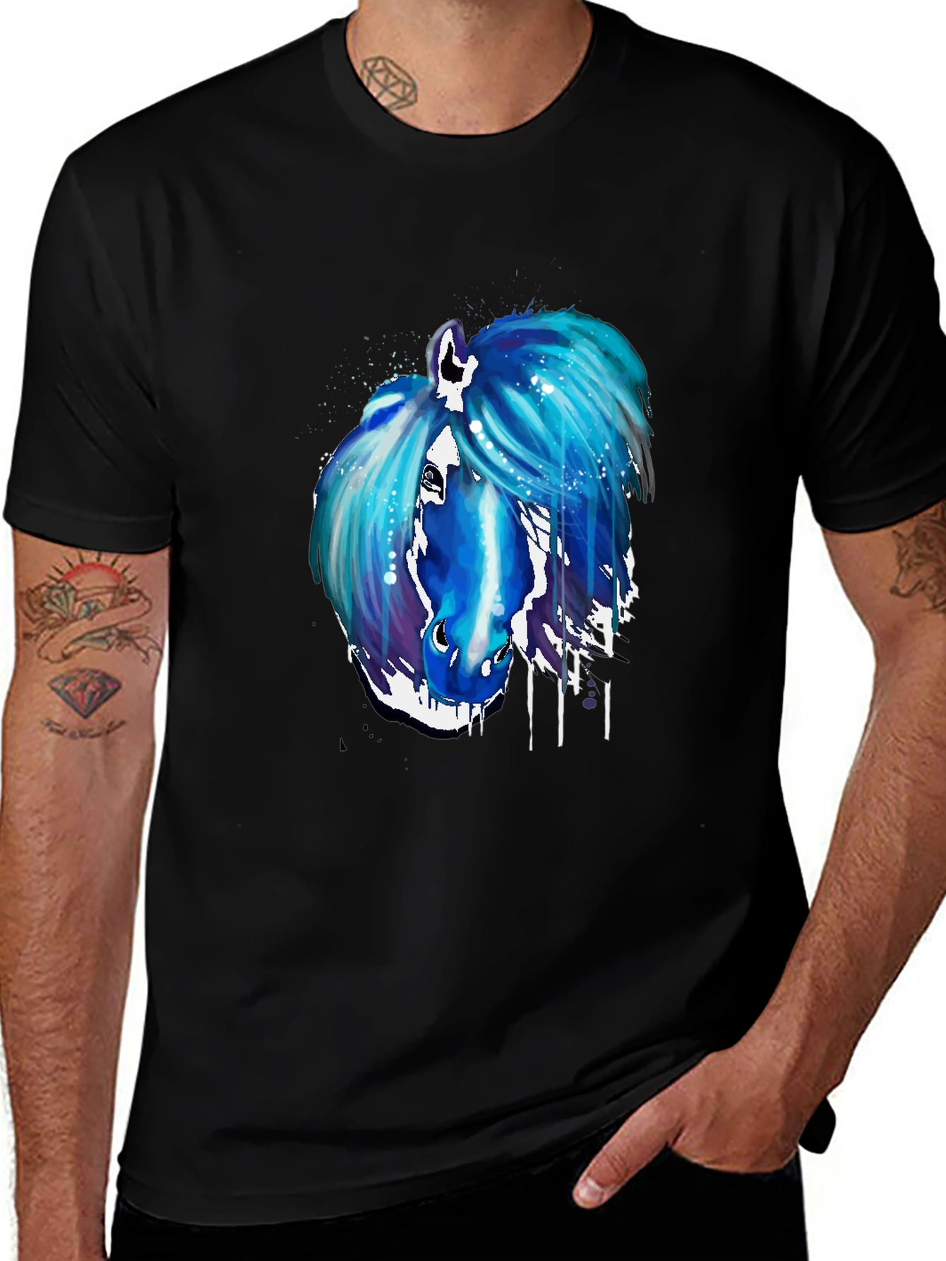 Variant 16 of Blue Horse Graphic Black T-Shirt
