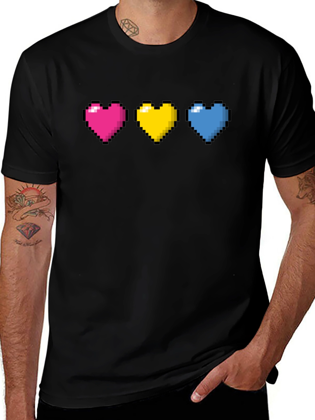 Variant 15 of Pixel Hearts T-Shirt - Pink, Yellow, Blue Pixelated Hearts
