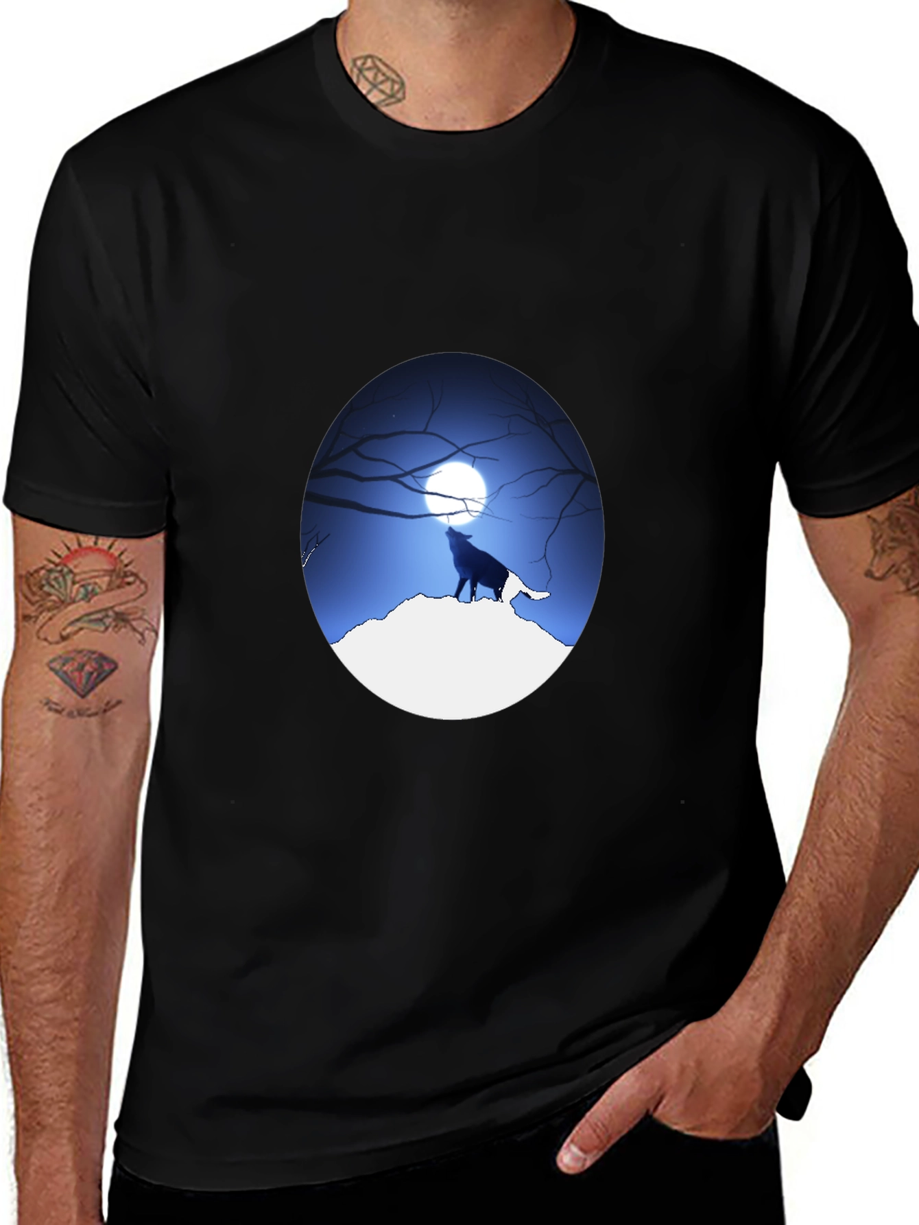 Variant 16 of Wolf Howling at Moon Graphic Tee - Black