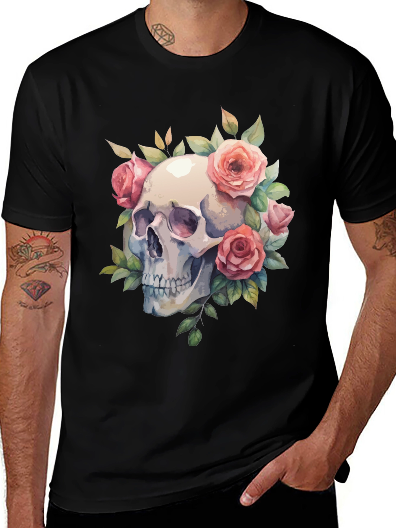 Variant 12 of Skull & Roses Graphic Tee - Black Cotton Blend