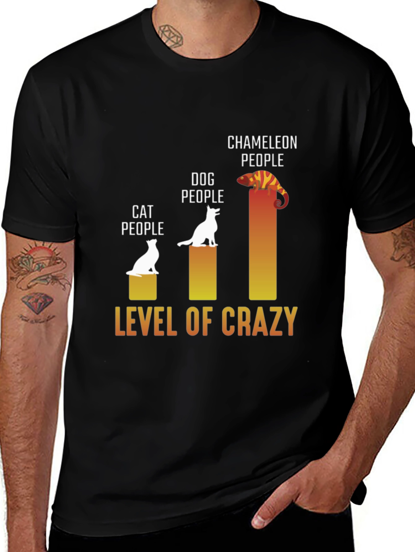 Variant 21 of Level of Crazy T-Shirt: Cat, Dog, Chameleon