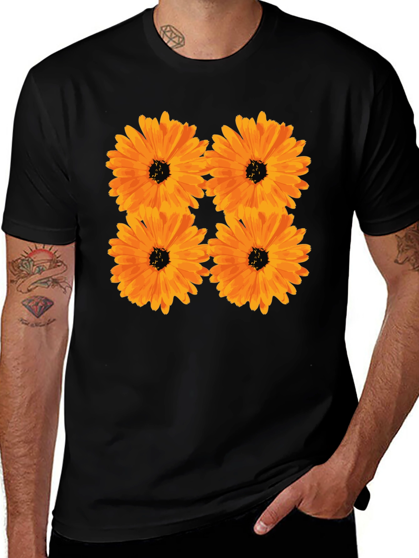 Variant 30 of Floral Print Black T-Shirt with Orange Flowers