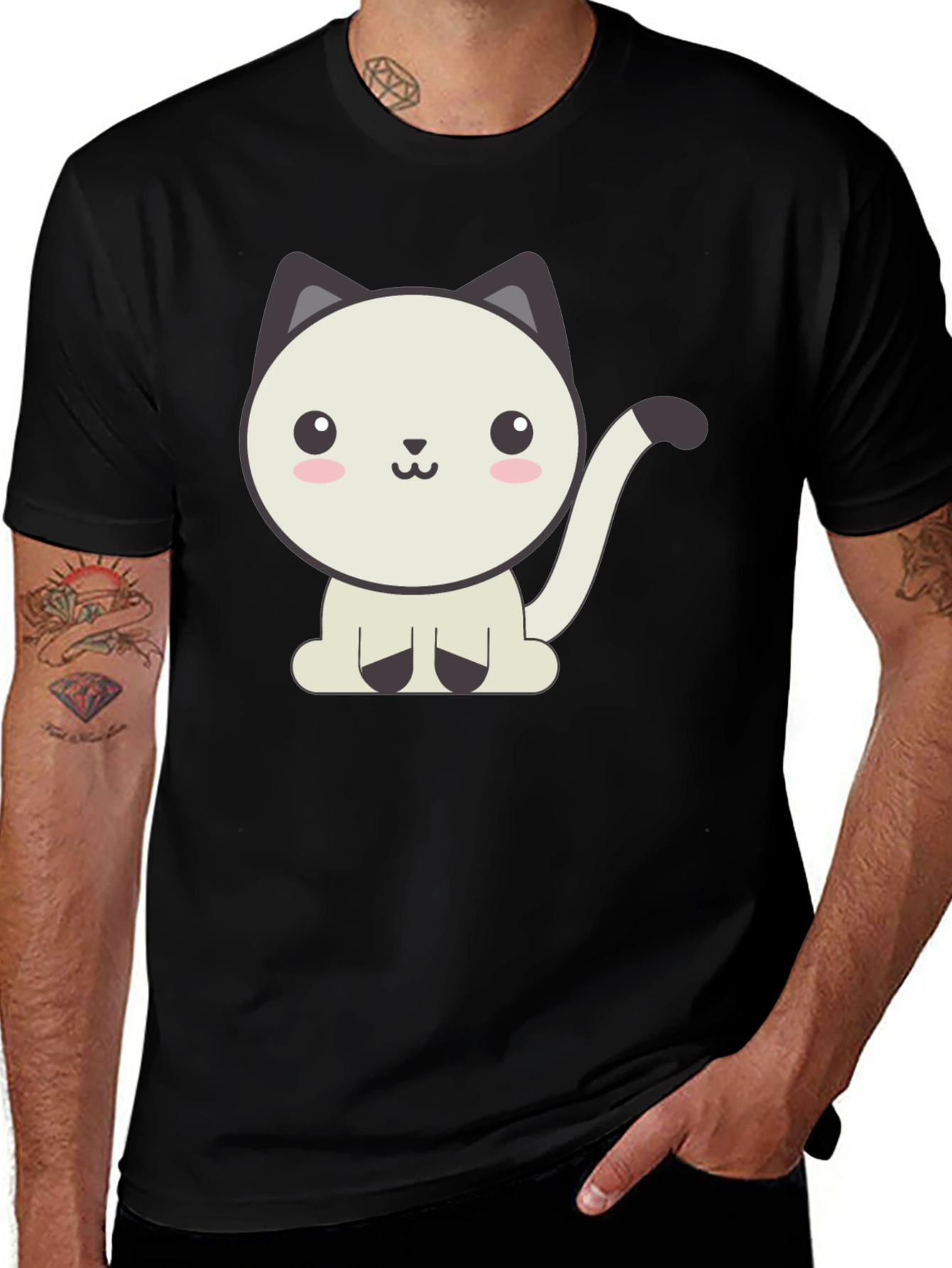 Variant 3 of Cute Cartoon Cat Graphic Black T-Shirt