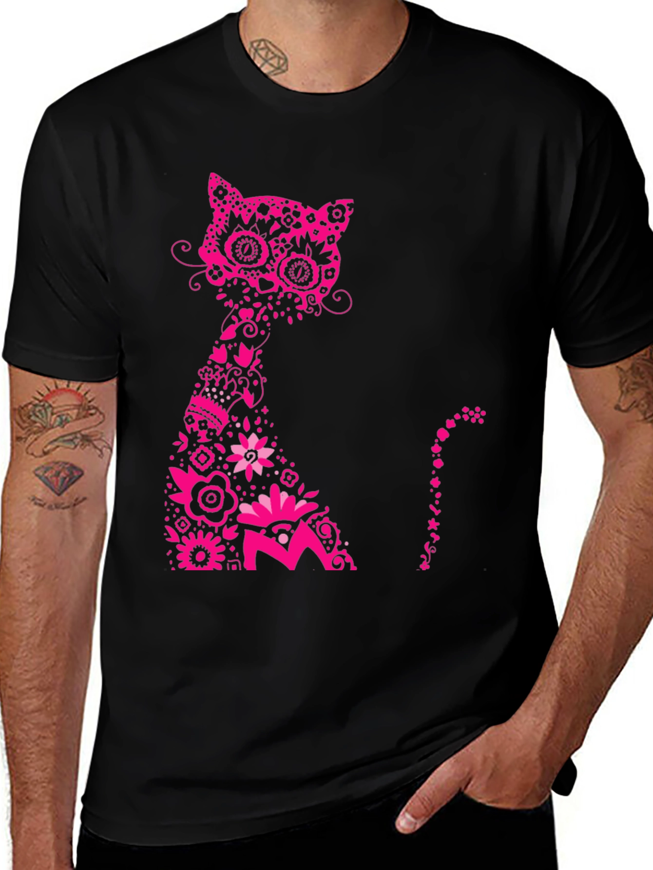 Variant 26 of Sugar Skull Cat Graphic Tee - Black Cotton Blend