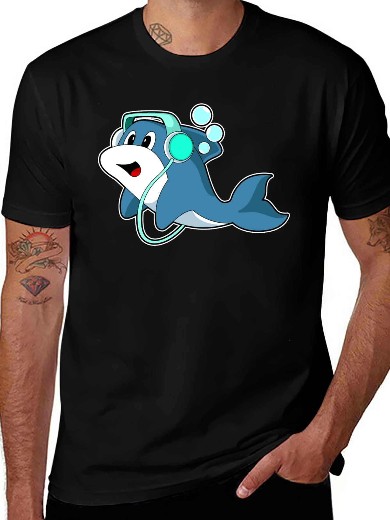 Variant 6 of Cartoon Dolphin Headphone Graphic Tee