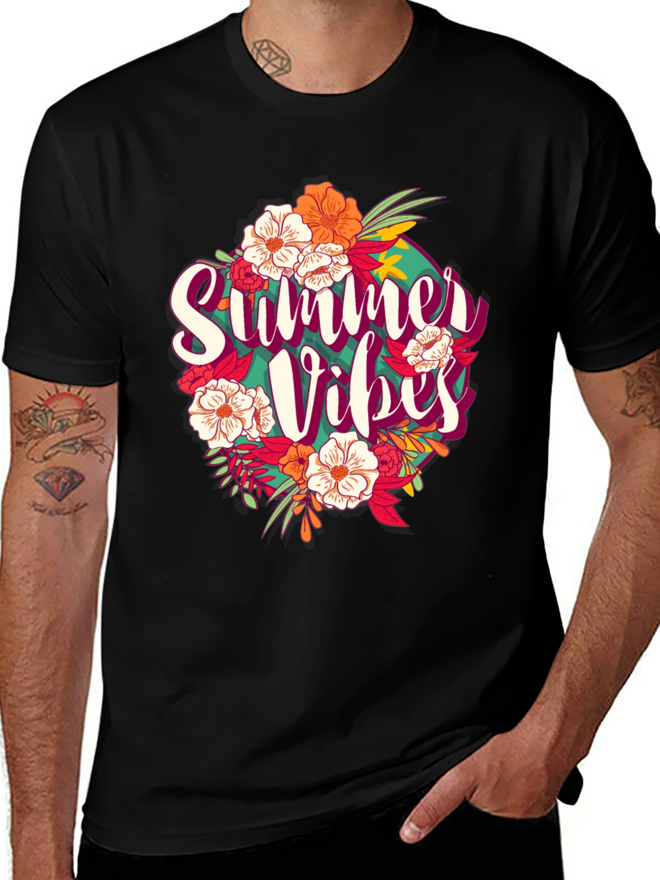Variant 13 of Summer Vibes Floral Graphic Black T-Shirt