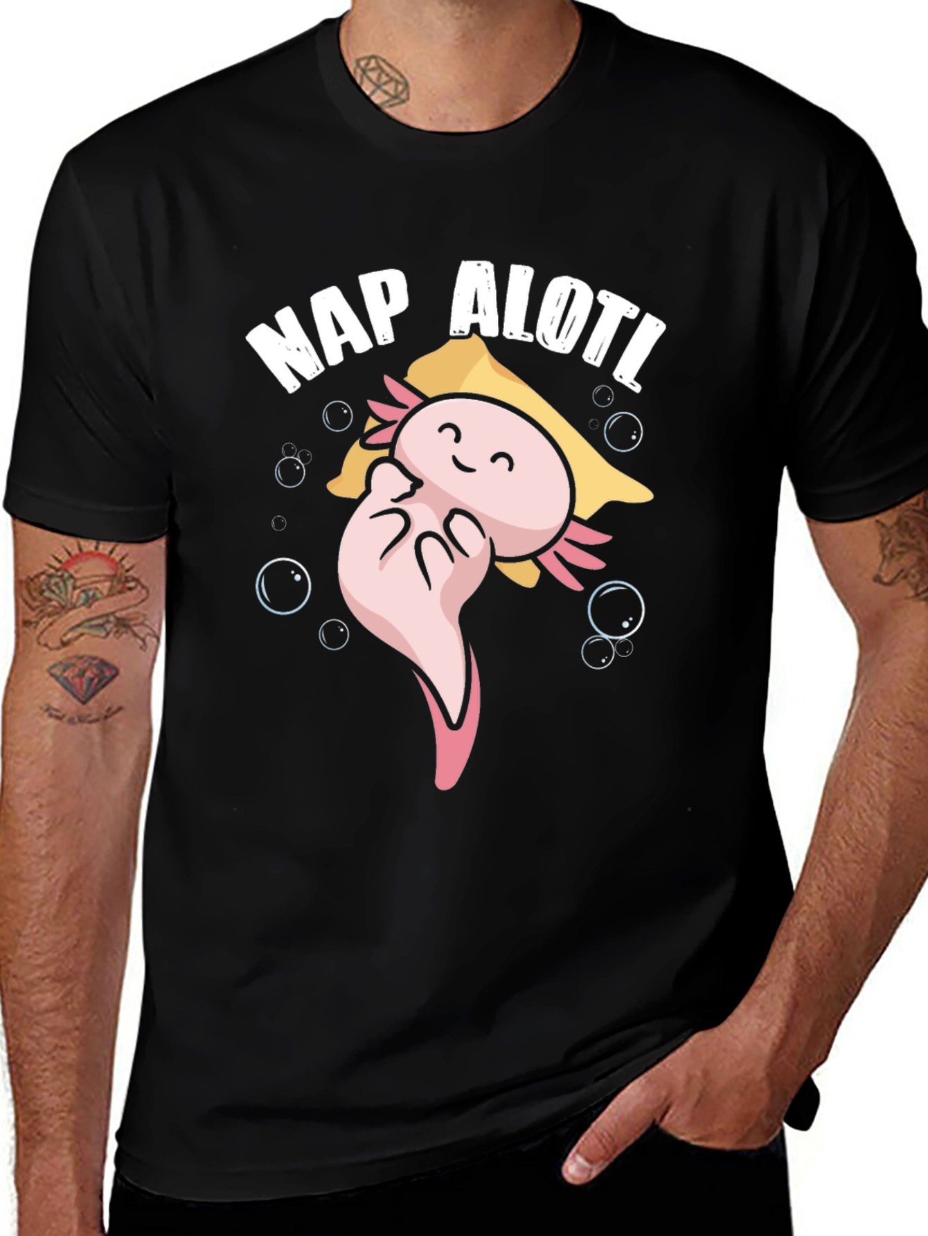 Variant 13 of Nap Alotl Black T-Shirt - Axolotl Cartoon Sleep Design