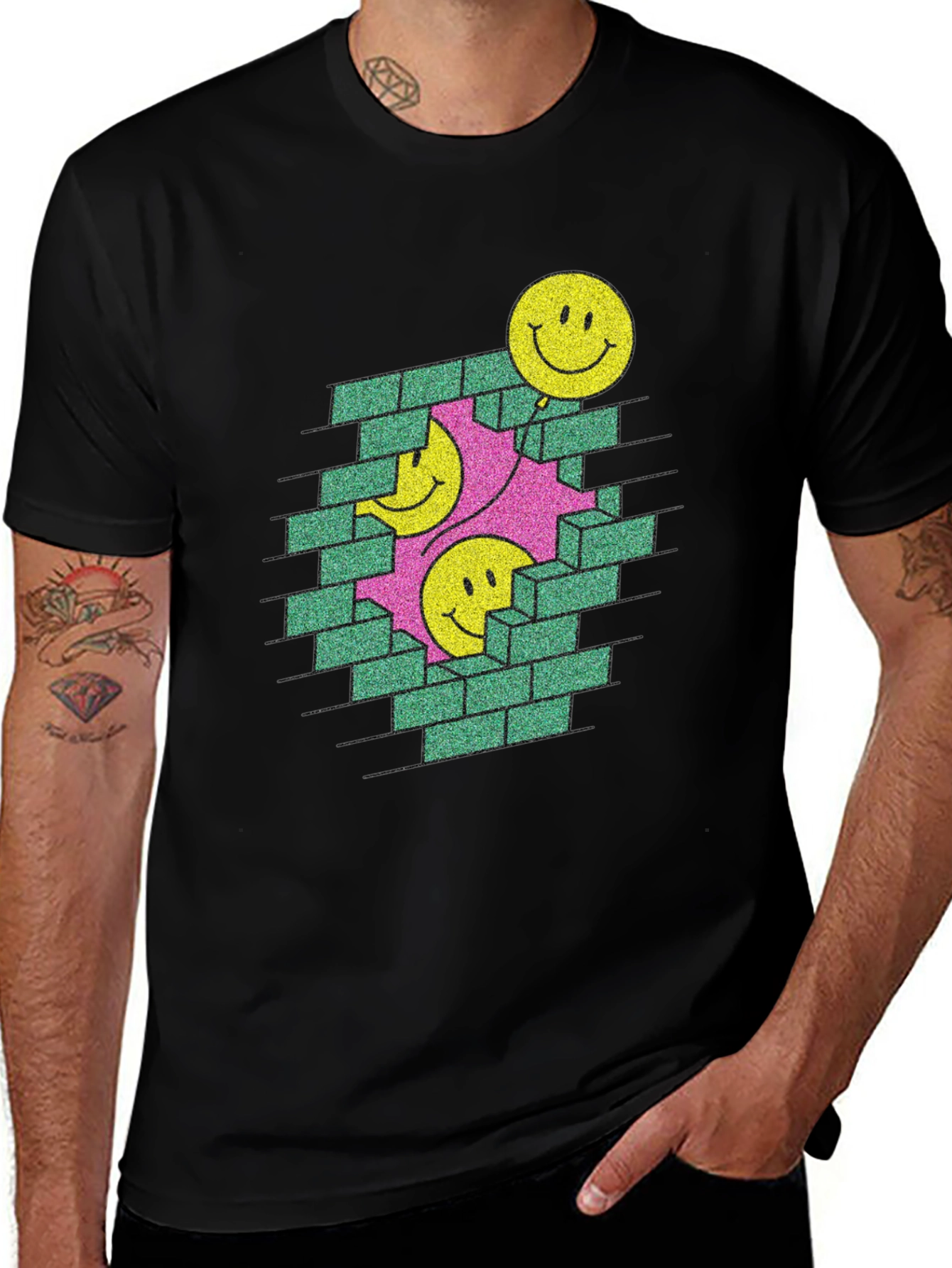 Variant 6 of Smiley Face Brick Wall Graphic Tee