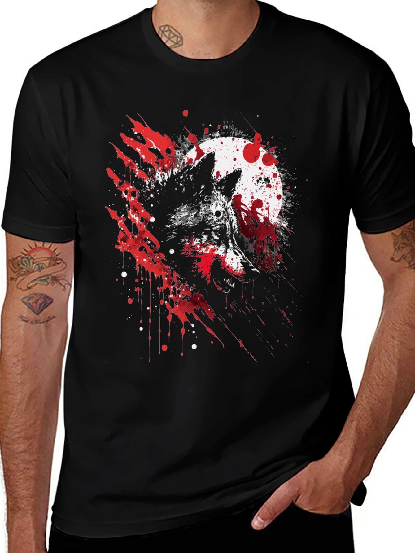 Variant 20 of Wolf Moon Splatter Graphic Black T-Shirt