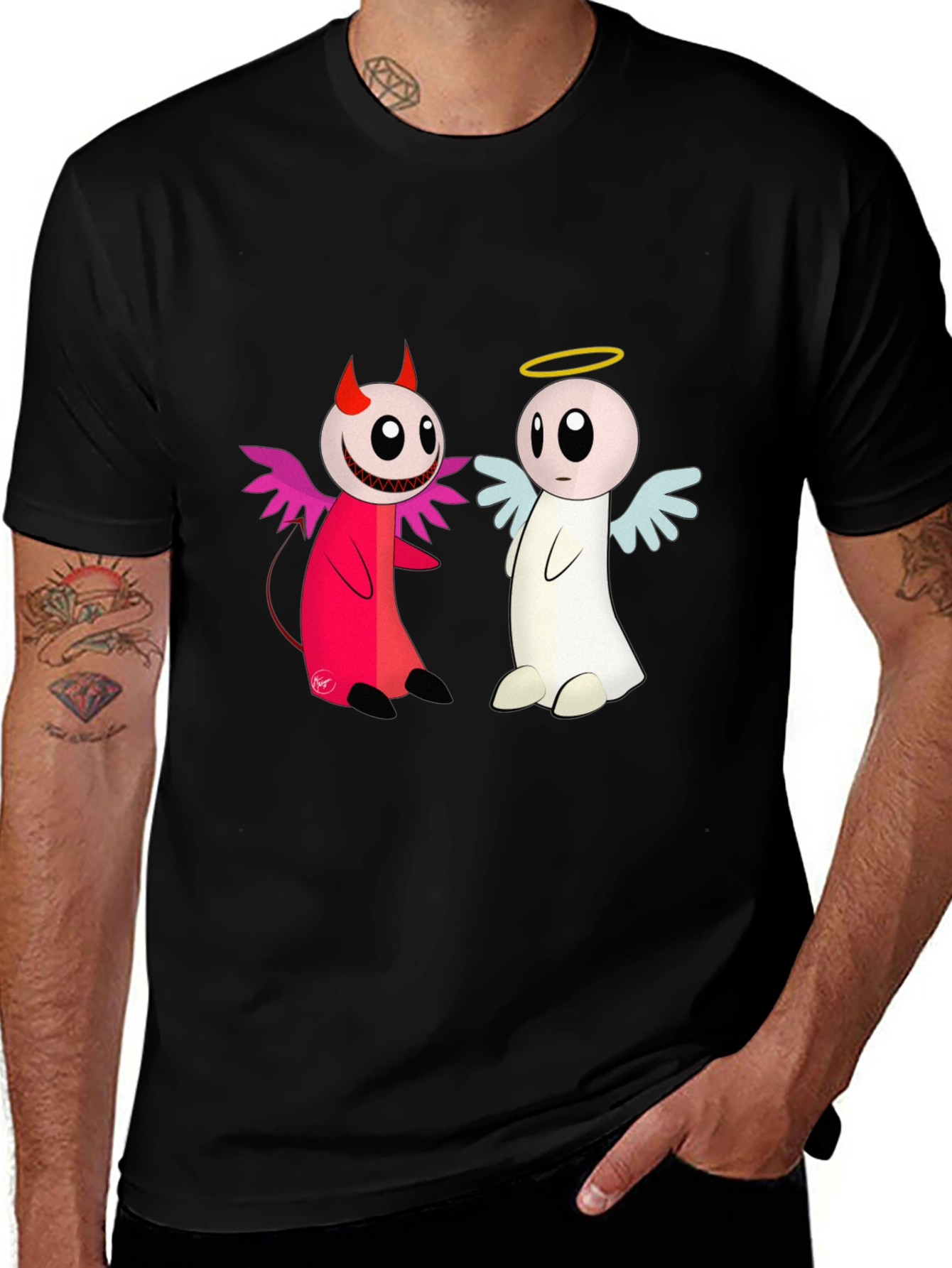 Angel & Devil Cartoon T-Shirt - Black