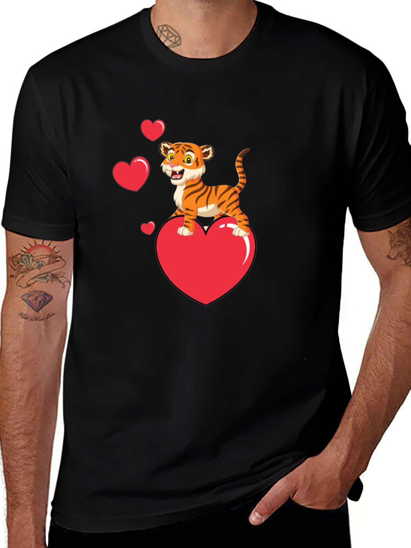 Variant 5 of Cute Tiger on Heart Valentine's Black T-Shirt