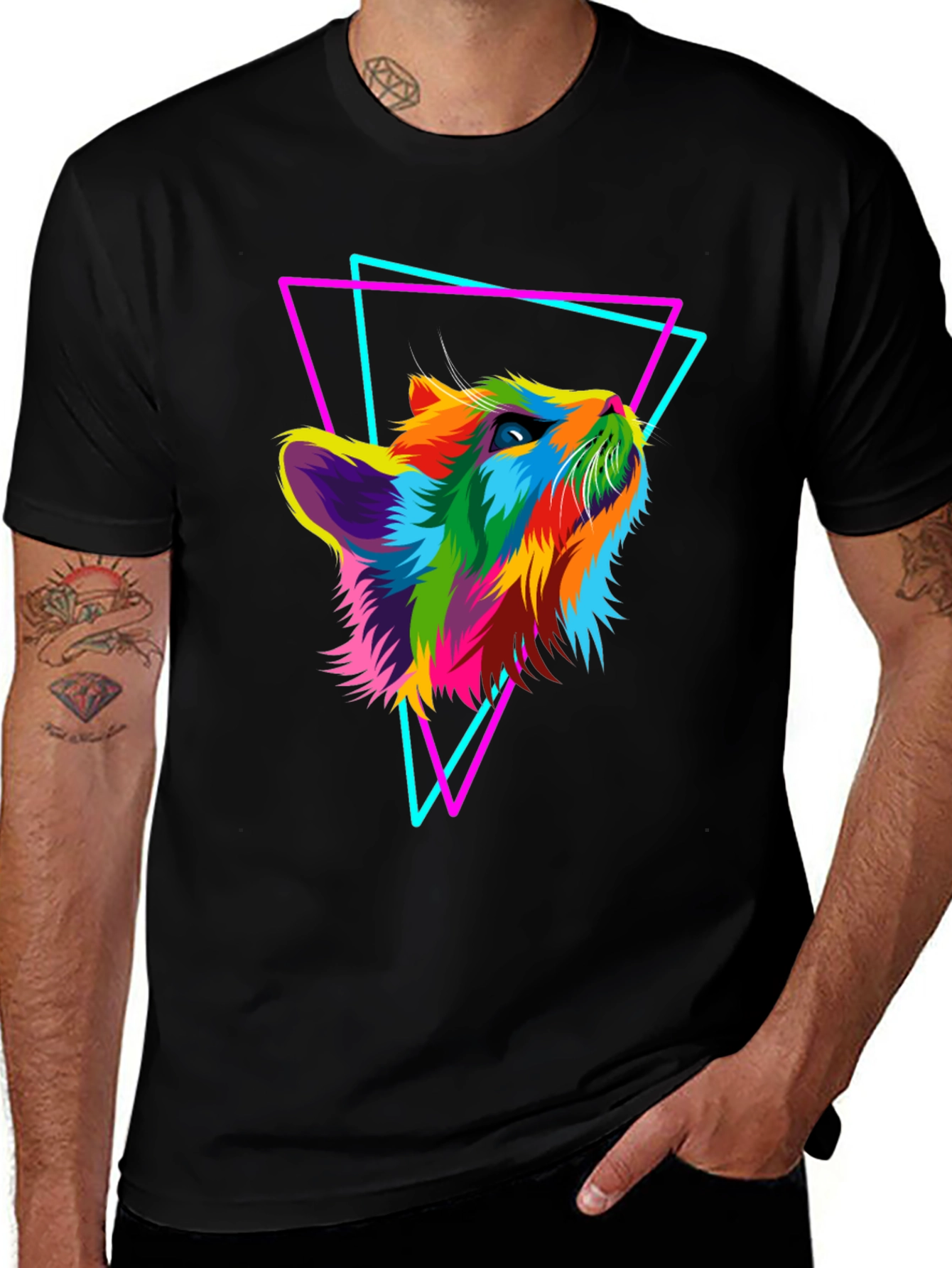 Variant 9 of Vibrant Cat Graphic Tee - Colorful Triangle Design