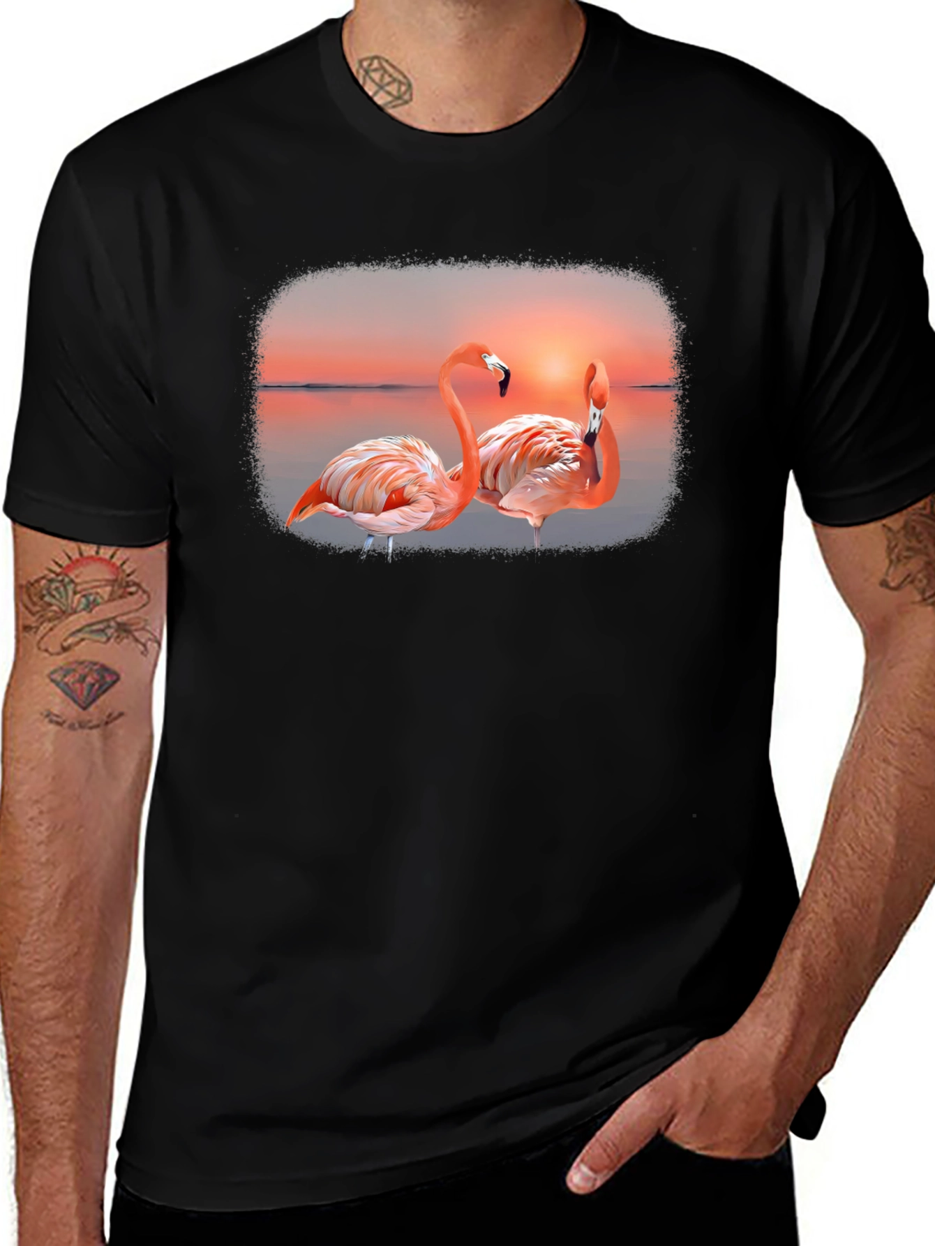 Variant 9 of Flamingo Sunset Graphic Tee - Black Cotton T-Shirt