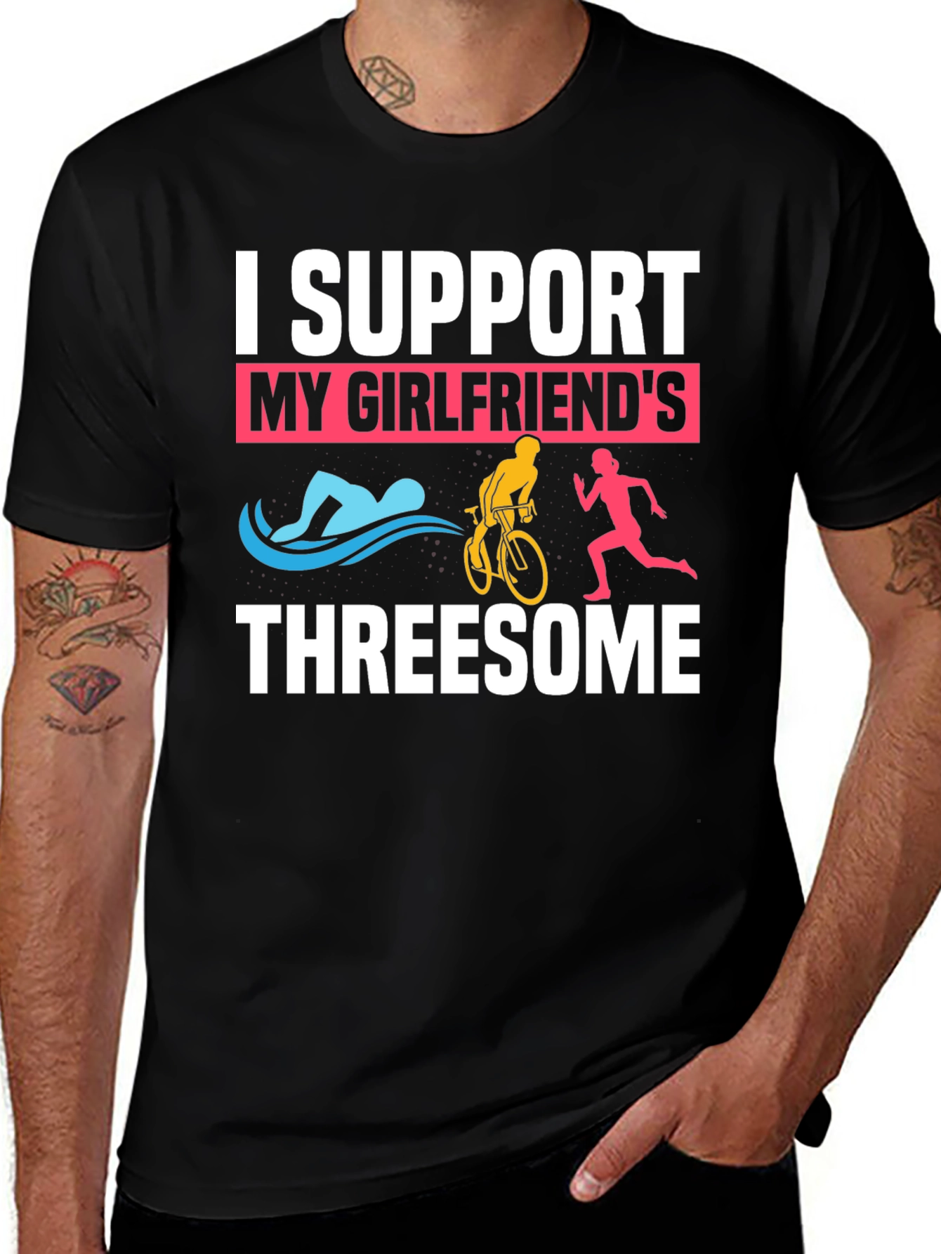 Variant 22 of I Support My Girlfriend's Threesome Triathlon T-Shirt
