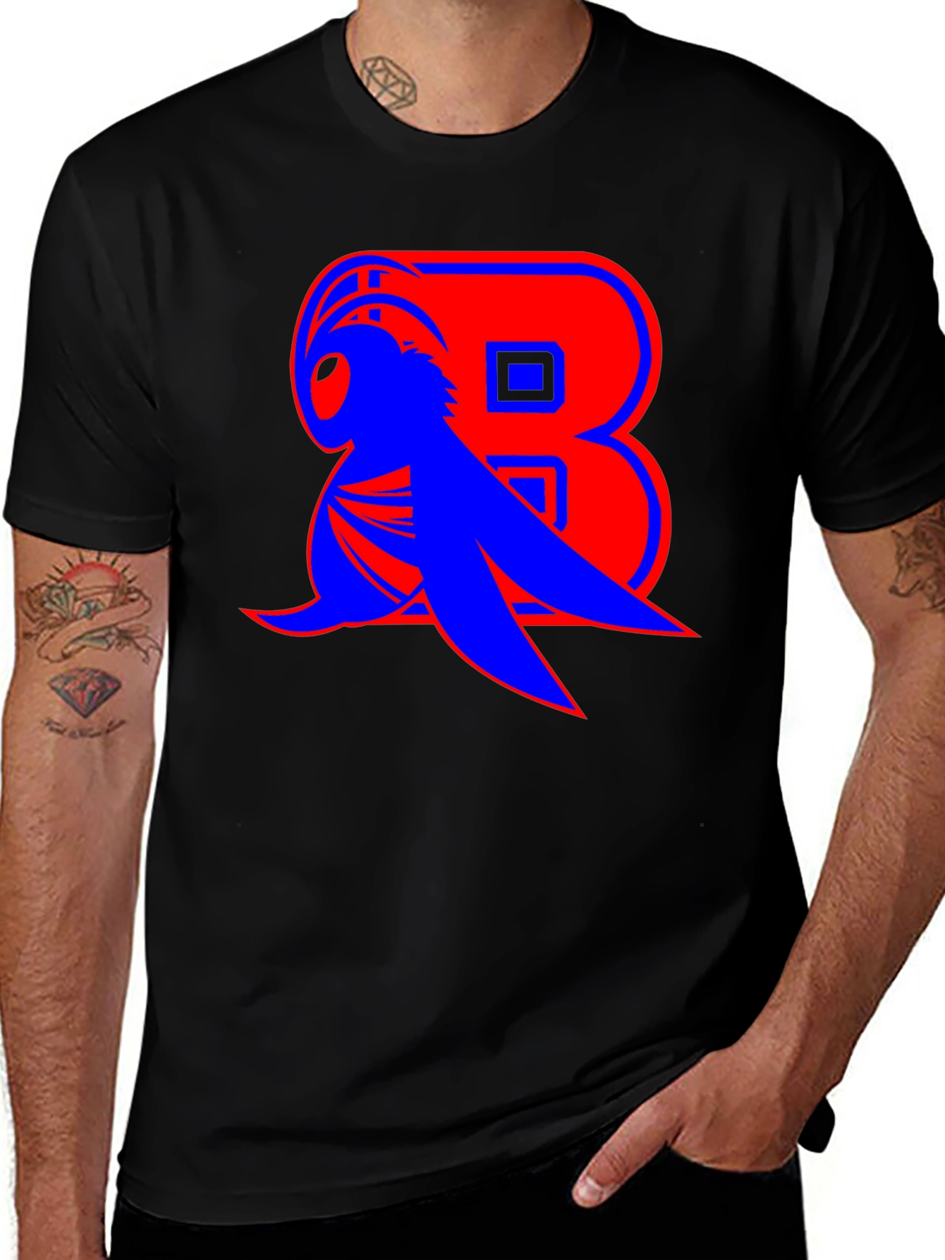 Variant 23 of Bold Graphic Tee - Red Letter & Blue Design on Black