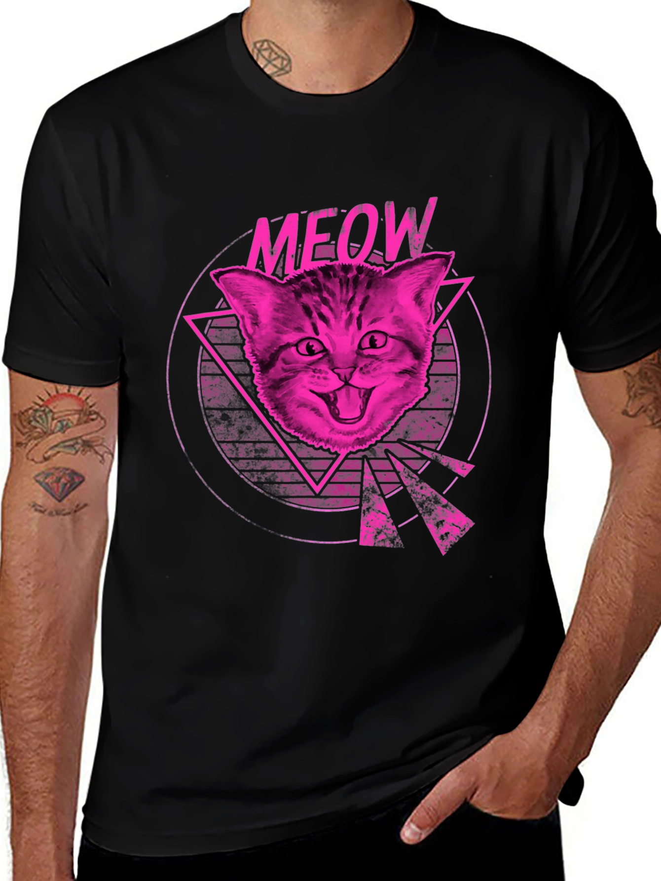 Variant 17 of Meow Cat Graphic Tee - Retro Pink Print Black Shirt