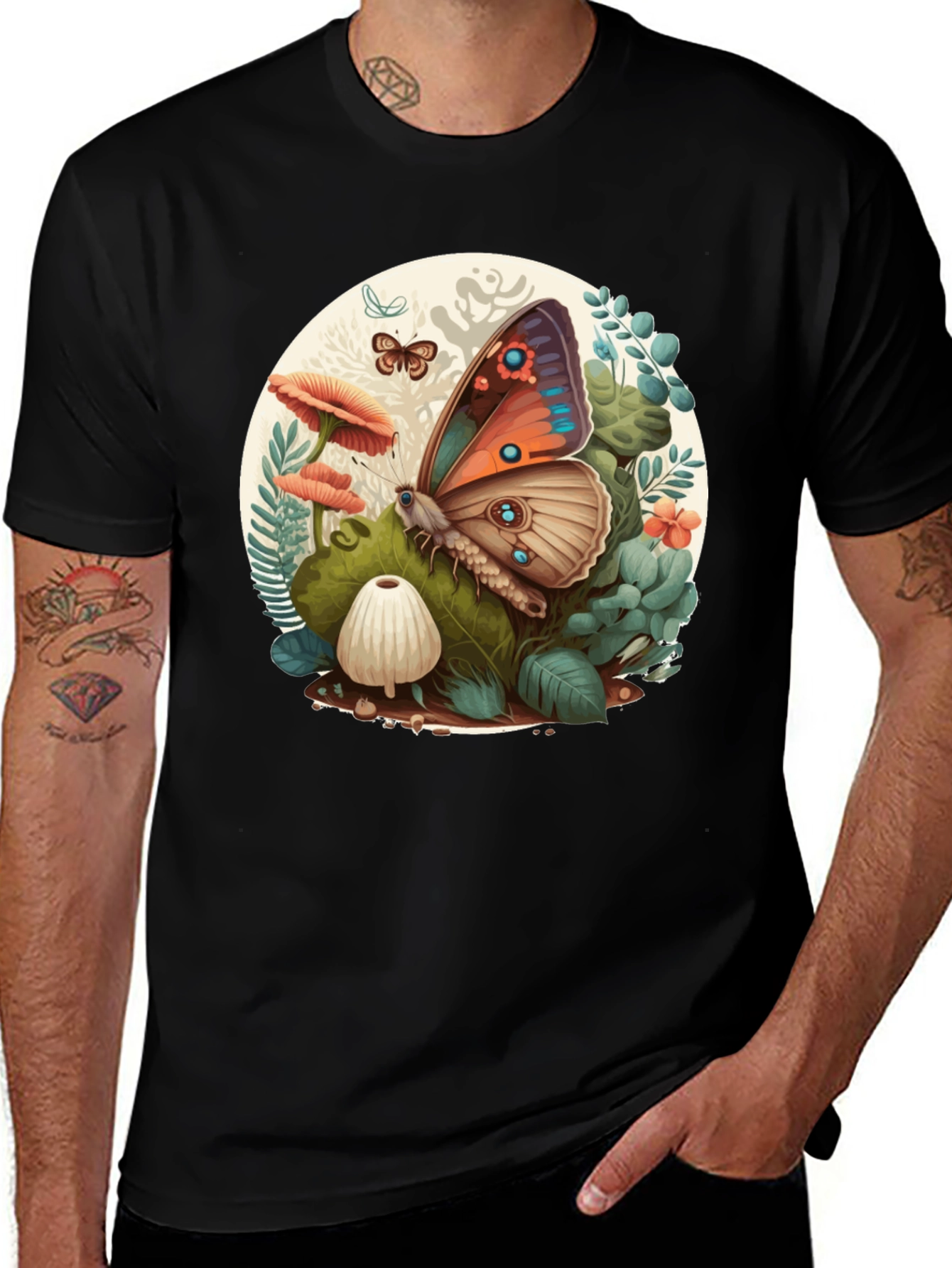 Variant 6 of Butterfly & Mushroom Graphic Tee - Nature Inspired Design
