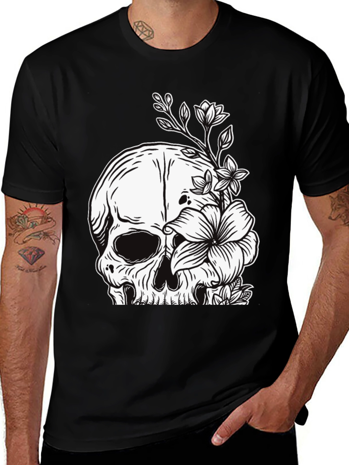 Variant 29 of Skull and Flowers Graphic Black T-Shirt