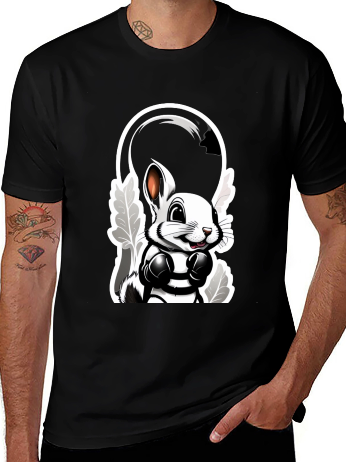 Black Cool Cartoon Bunny Boxer Black T-Shirt main image