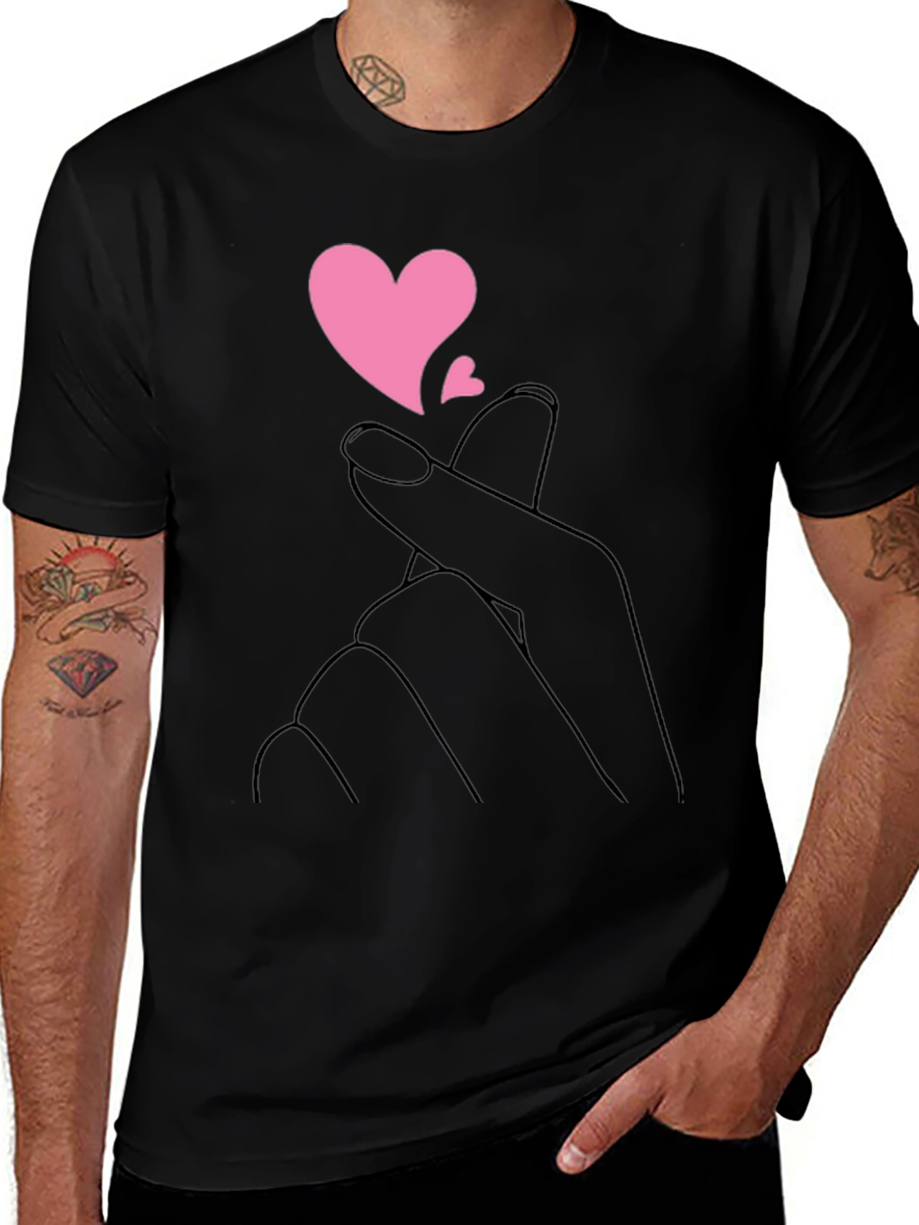 Black T-Shirt with Heart Fingers Graphic