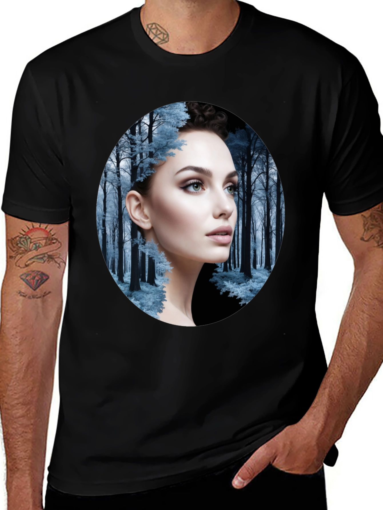 Woman in Winter Forest Black T-Shirt