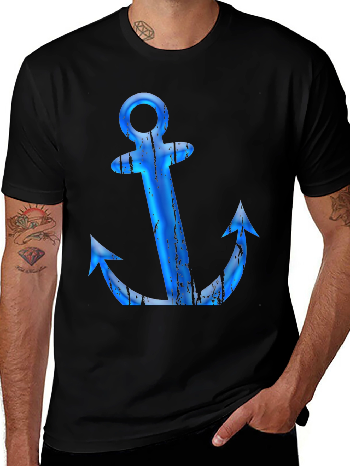 Variant 28 of Men's Black T-Shirt with Blue Anchor Graphic