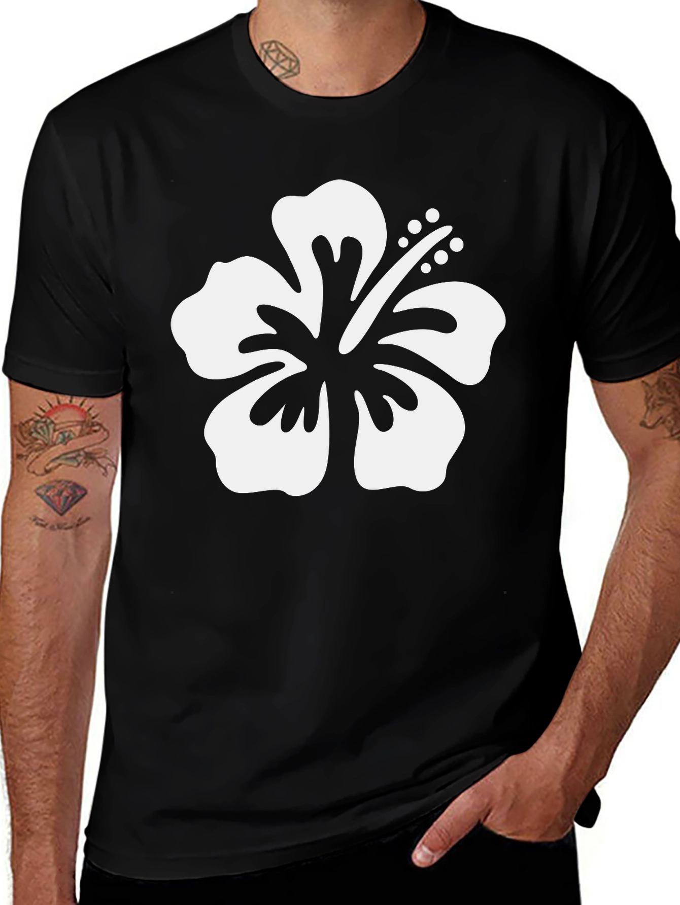 Variant 25 of Black T-Shirt with White Hibiscus Flower Design