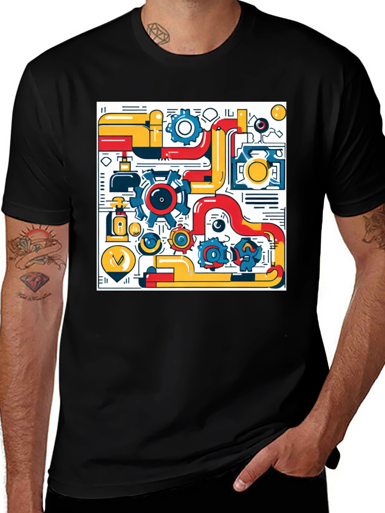 Variant 21 of Geometric Machinery Graphic Tee - Modern Black T-Shirt
