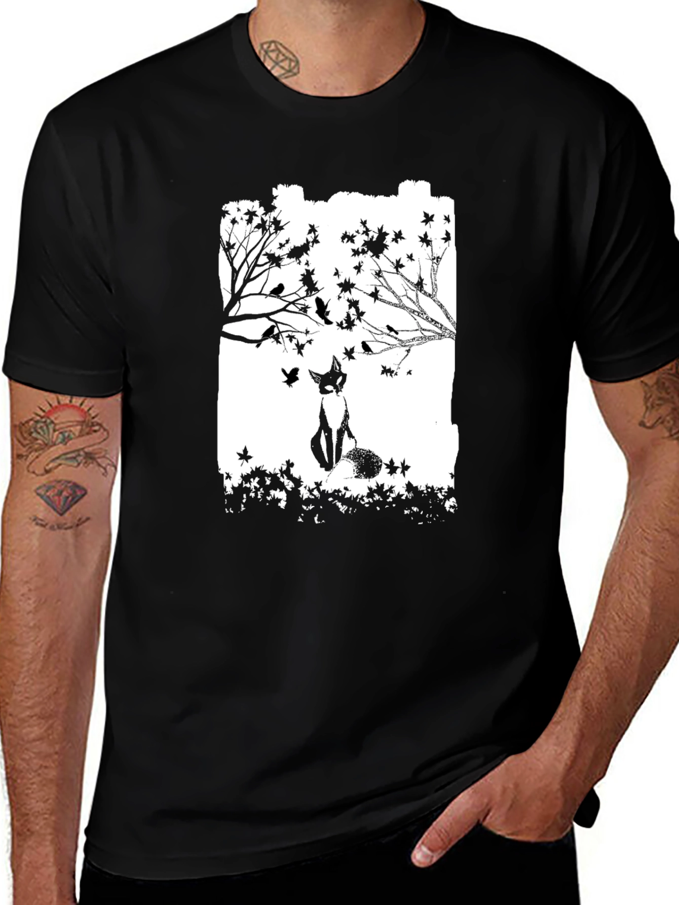 Variant 25 of Fox & Birds Graphic Black T-Shirt