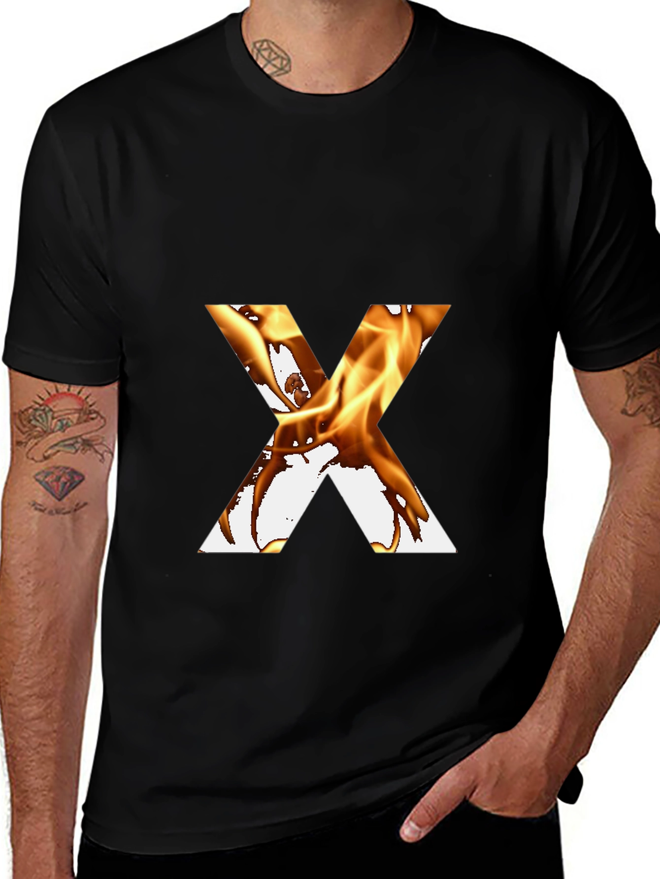 Fiery Letter X Graphic Tee - Bold Black T-Shirt