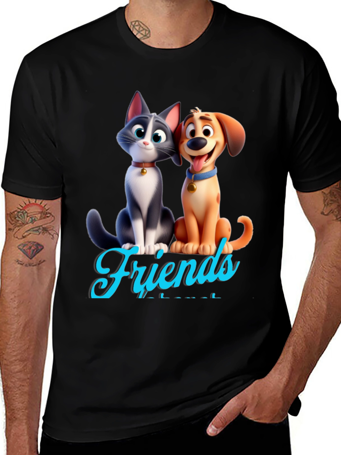 Variant 16 of Cartoon Cat and Dog 'Friends' Black T-Shirt
