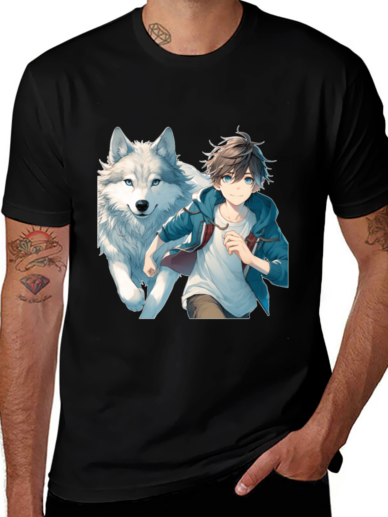 Variant 22 of Anime Boy & Wolf Graphic Black T-Shirt