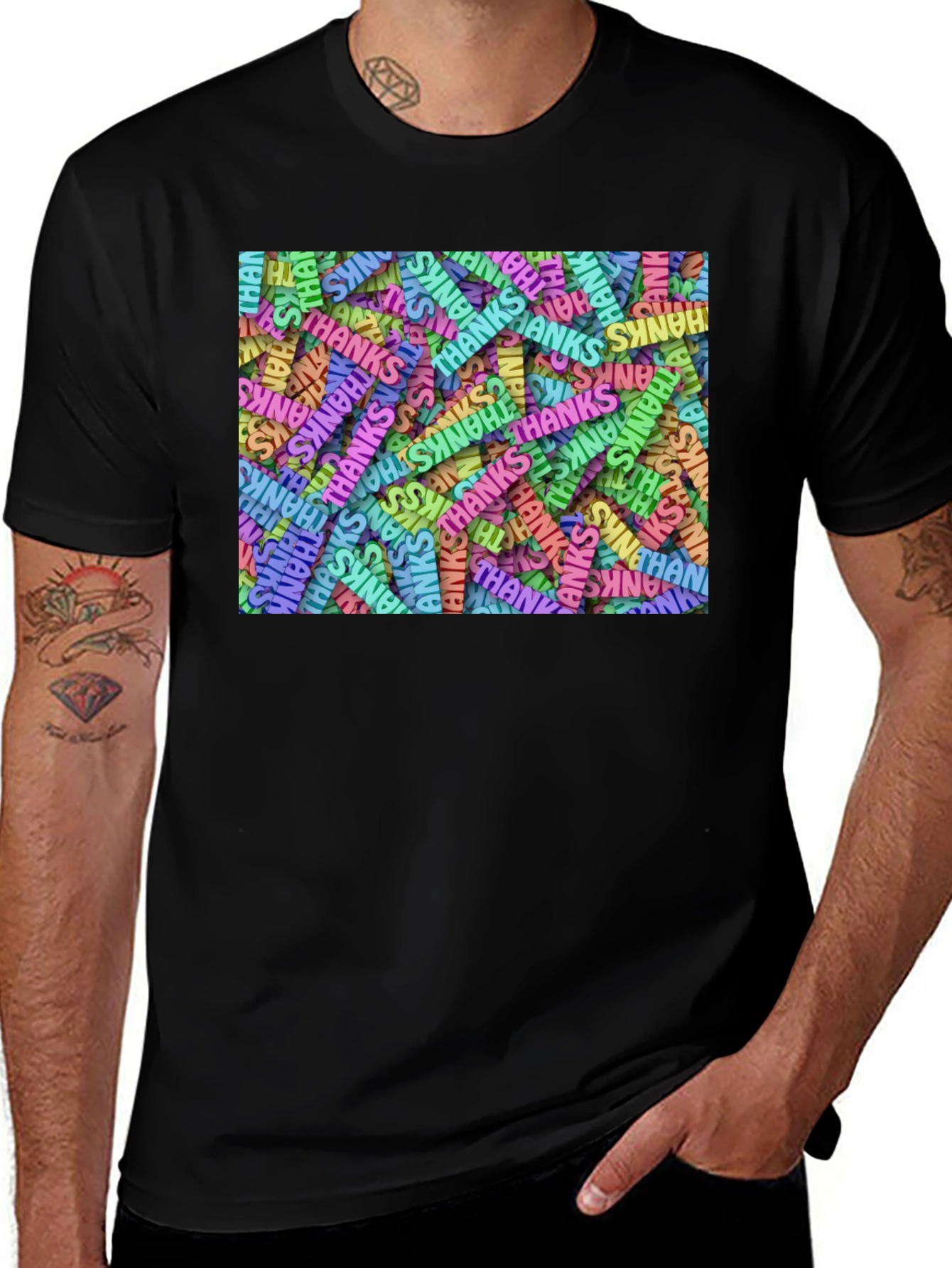 Variant 2 of Thanks Pattern Graphic T-Shirt - Black