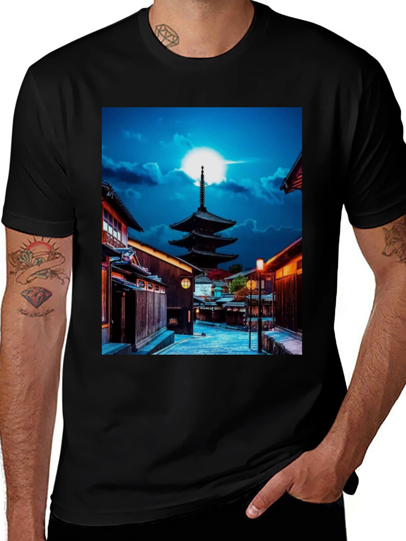 Japanese Pagoda Black Tee - Unique Cityscape Design