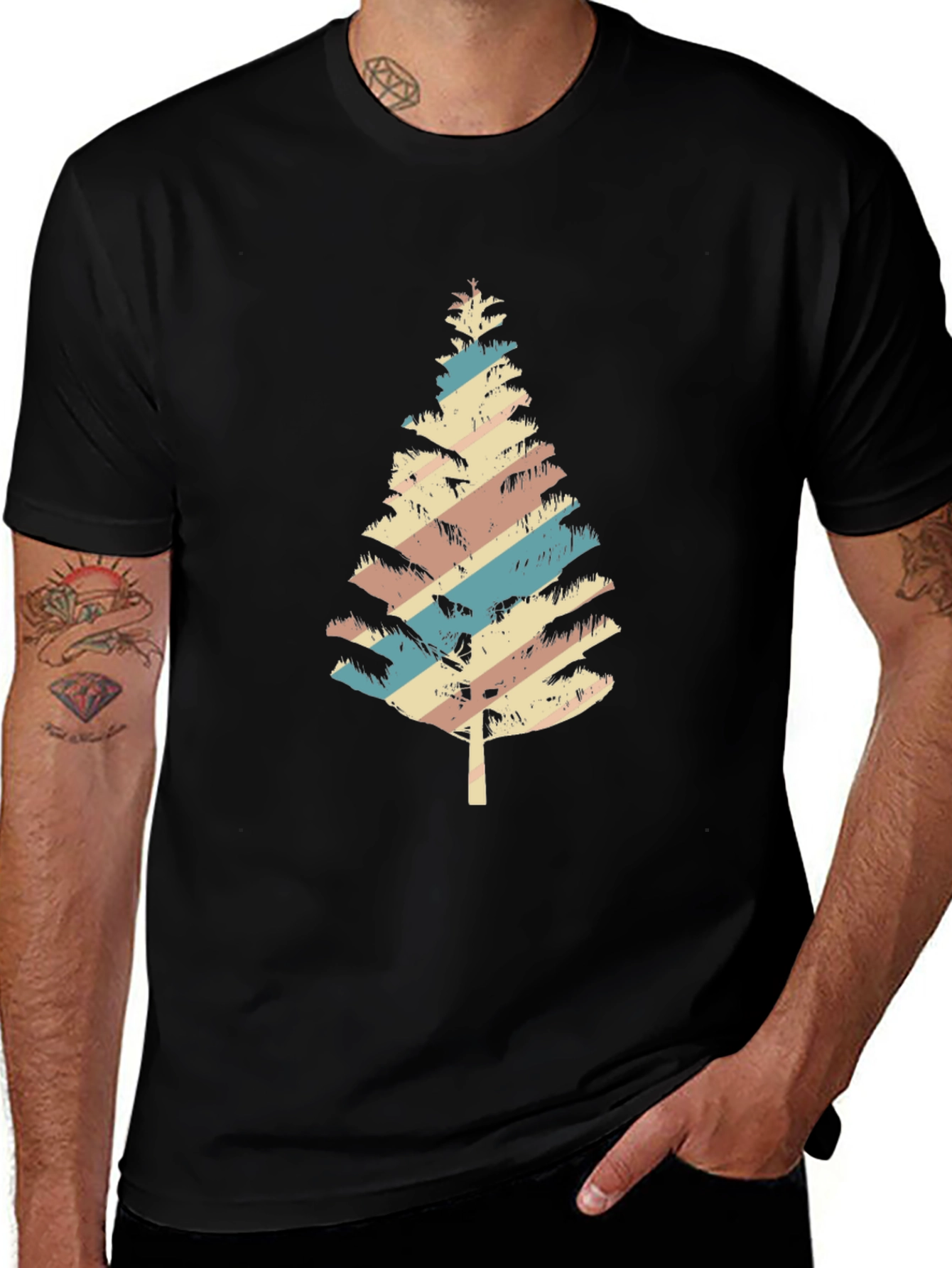 Variant 18 of Retro Striped Christmas Tree Graphic Tee