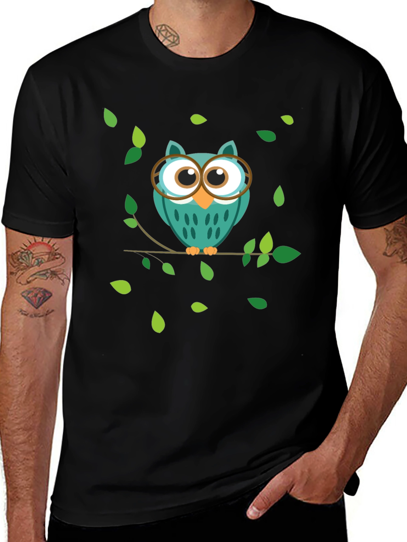 Owl on Branch Graphic Tee - Men's Black Cotton T-Shirt