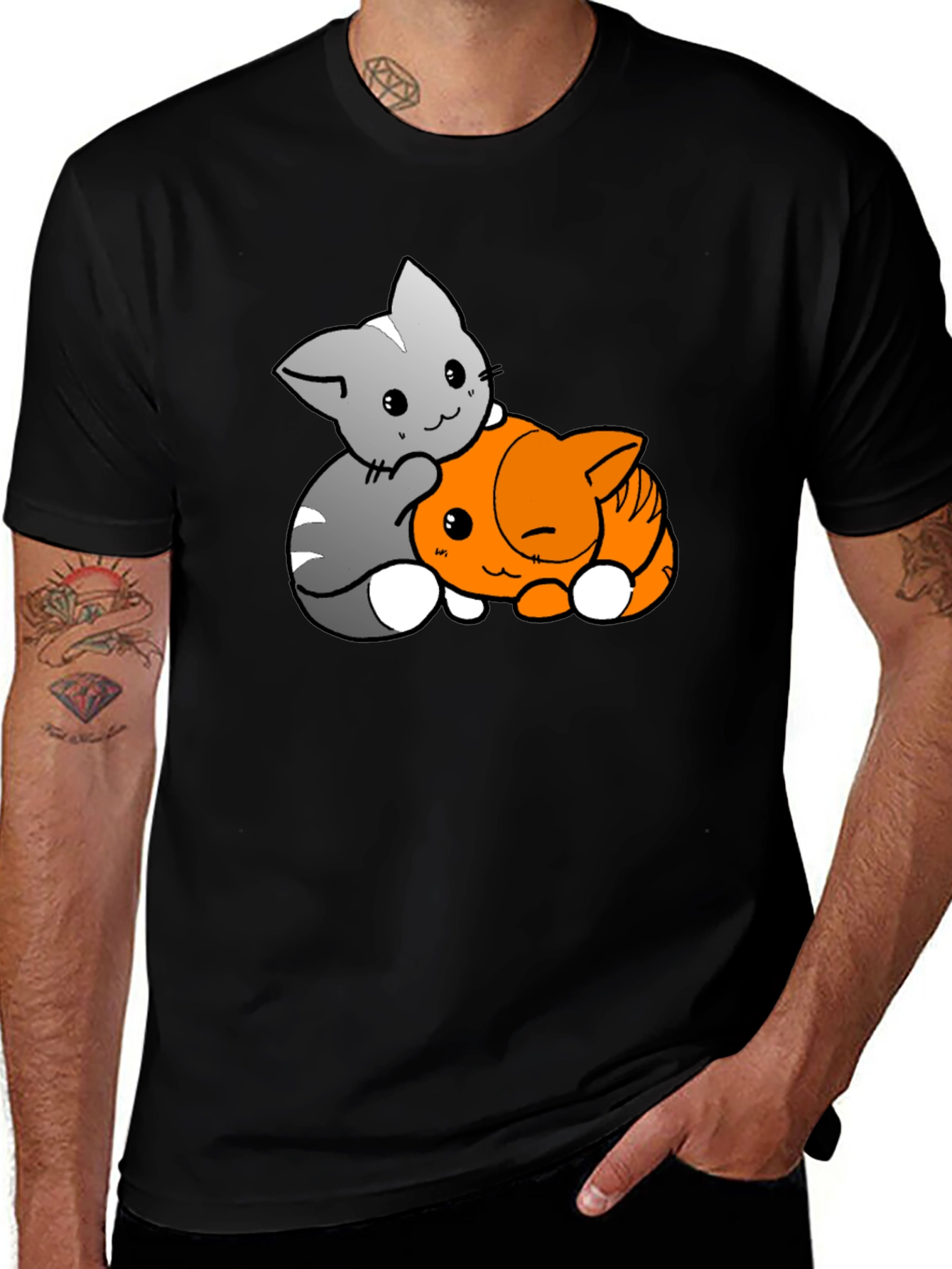 Black Cute Cats Hugging Black T-Shirt main image