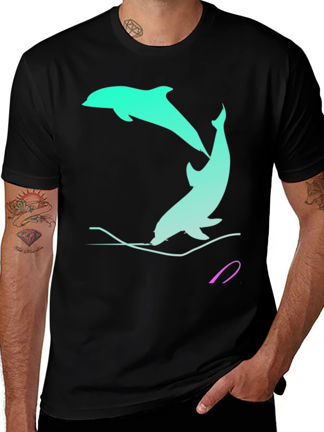 Variant 15 of Dolphin Graphic Tee - Black Cotton Casual Shirt