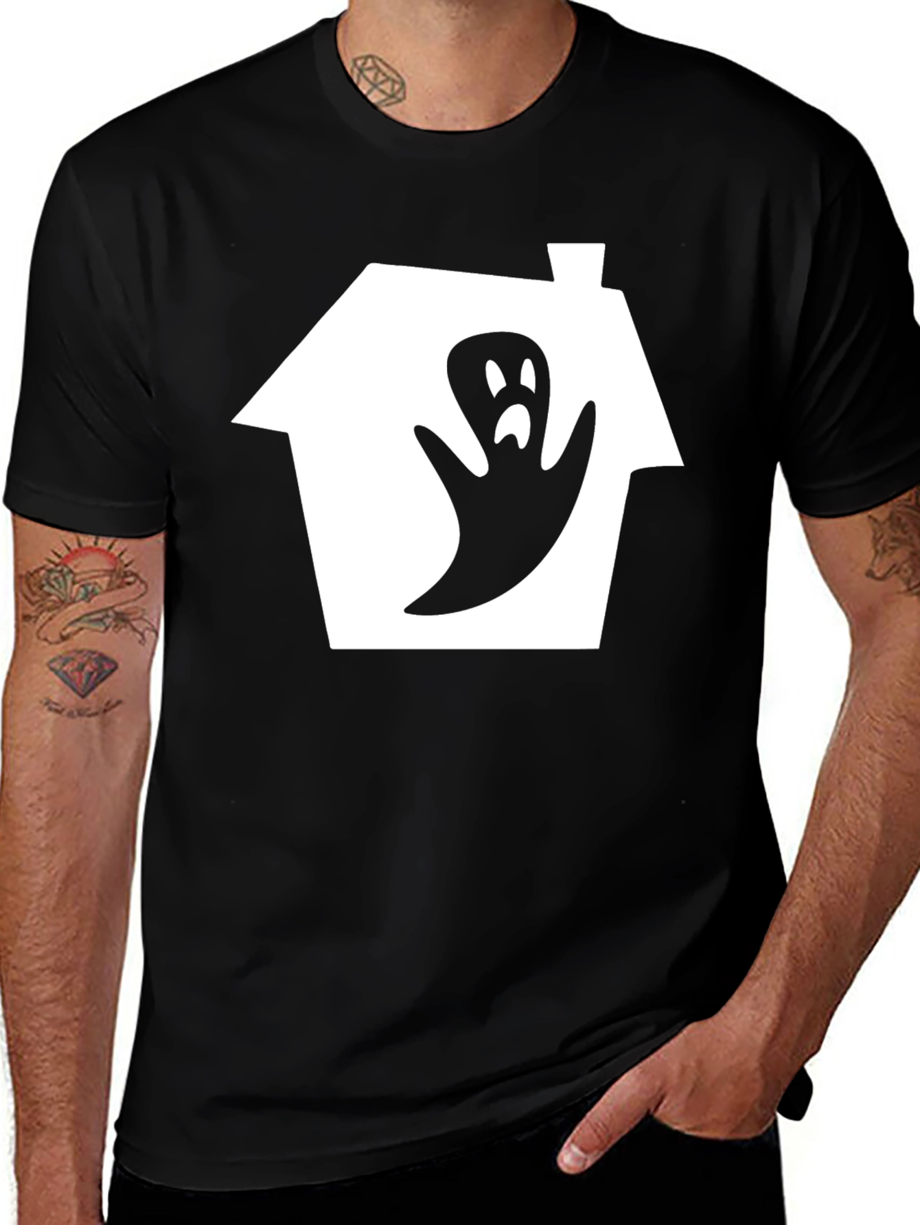 Variant 30 of Spooky Ghost House Graphic Tee - Black Cotton