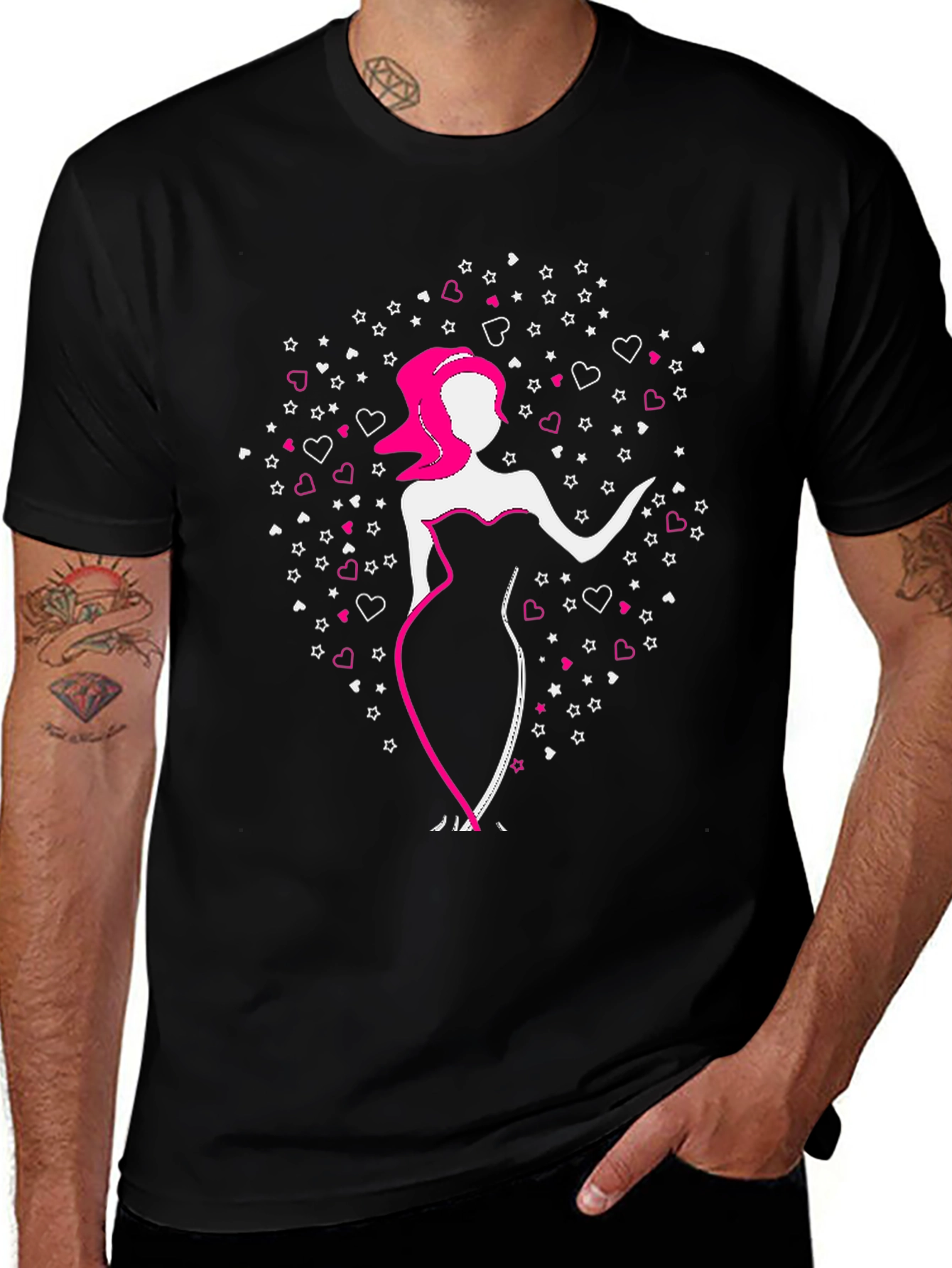 Stylish Black Tee with Elegant Woman and Hearts Design