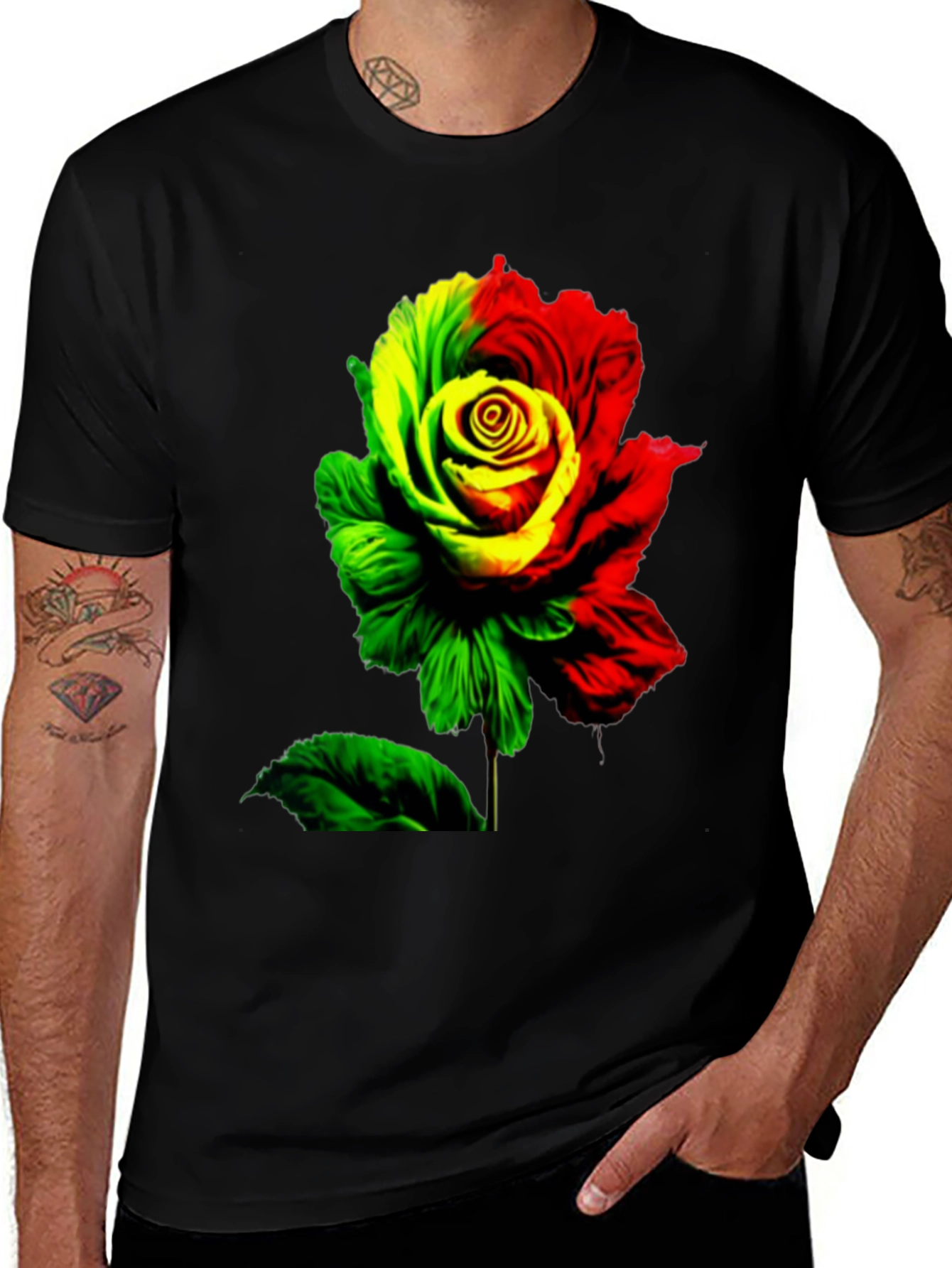 Variant 13 of Rasta Rose Graphic Tee - Black Cotton T-Shirt