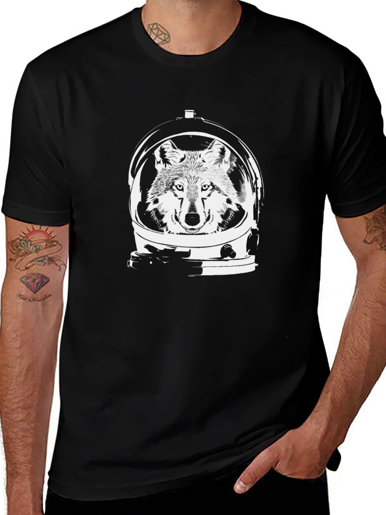 Variant 23 of Wolf Astronaut Graphic Tee - Black Cotton T-Shirt