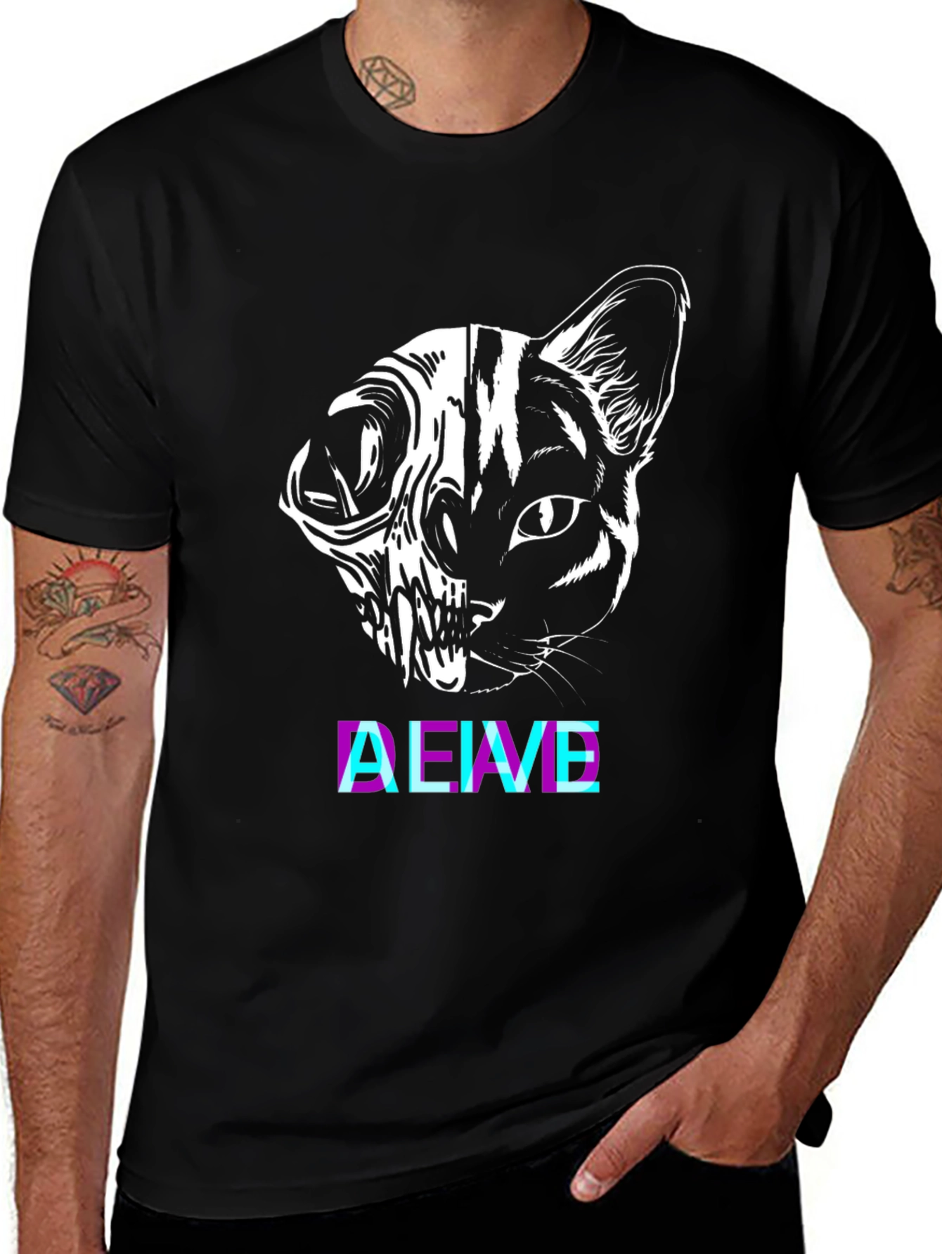 Variant 27 of Cat Skull Graphic Tee - Alive Glitchcore Design