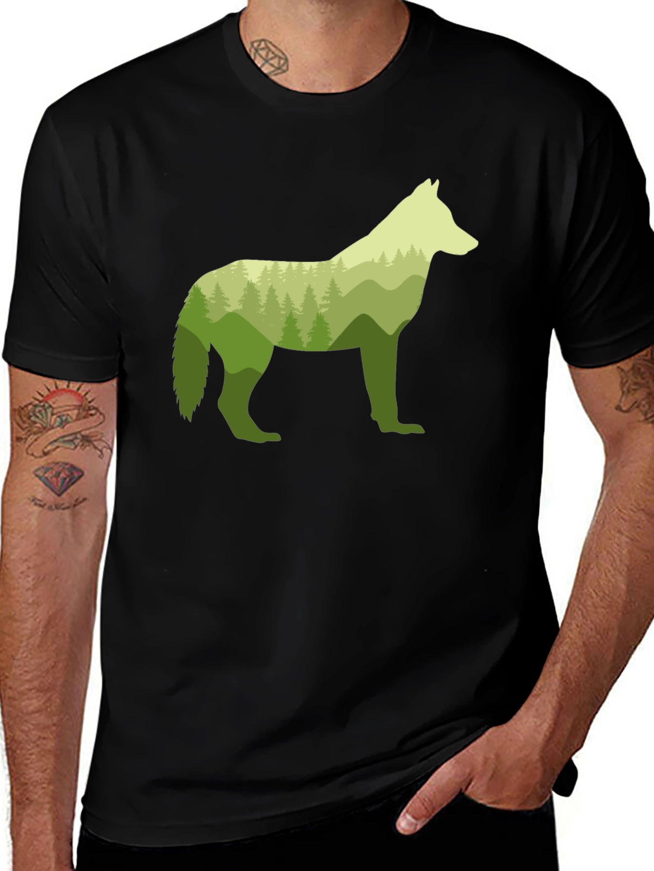 Nature Wolf Graphic Tee - Stylish Men's Black T-Shirt