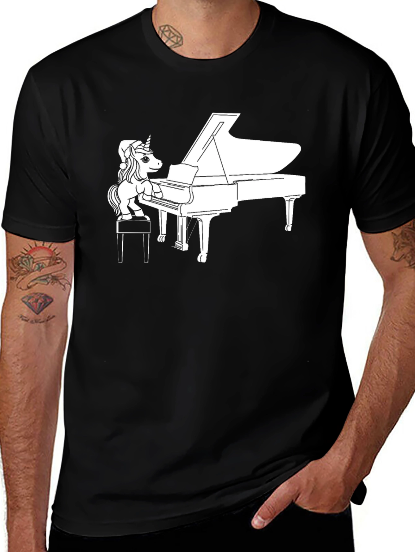 Variant 5 of Unicorn Piano Player Graphic Tee - Black Cotton Blend
