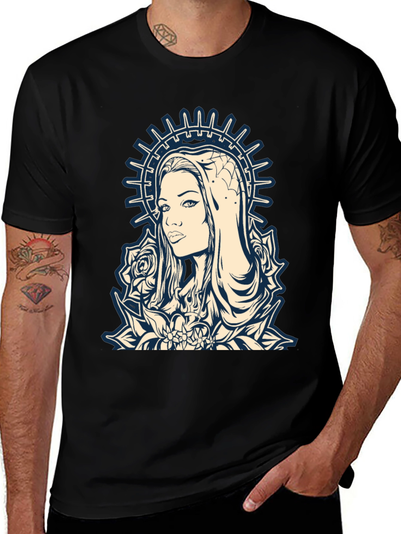 Variant 25 of Graphic Tee - Madonna and Roses Black Cotton T-Shirt