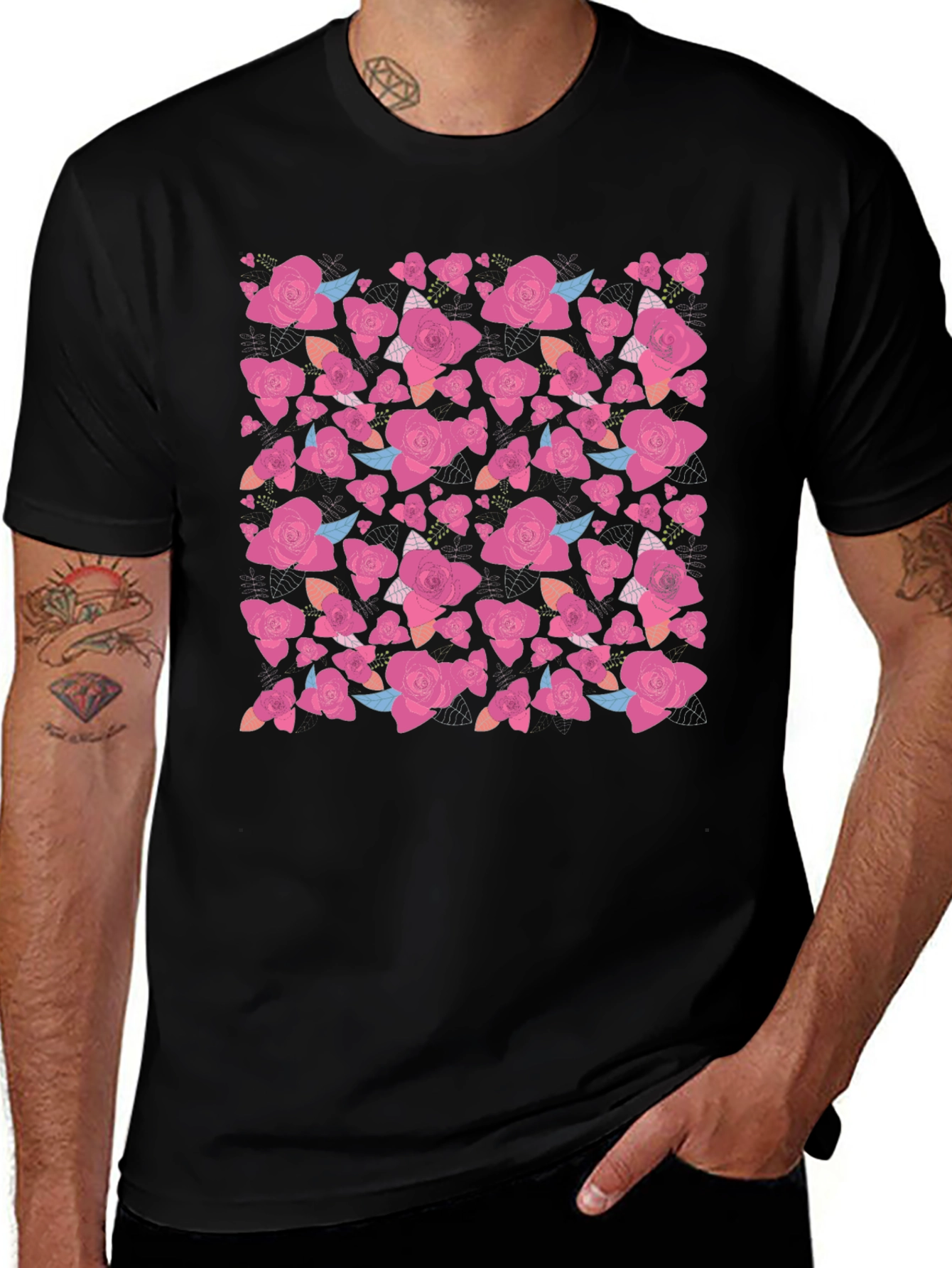 Variant 27 of Floral Rose Print Black T-Shirt