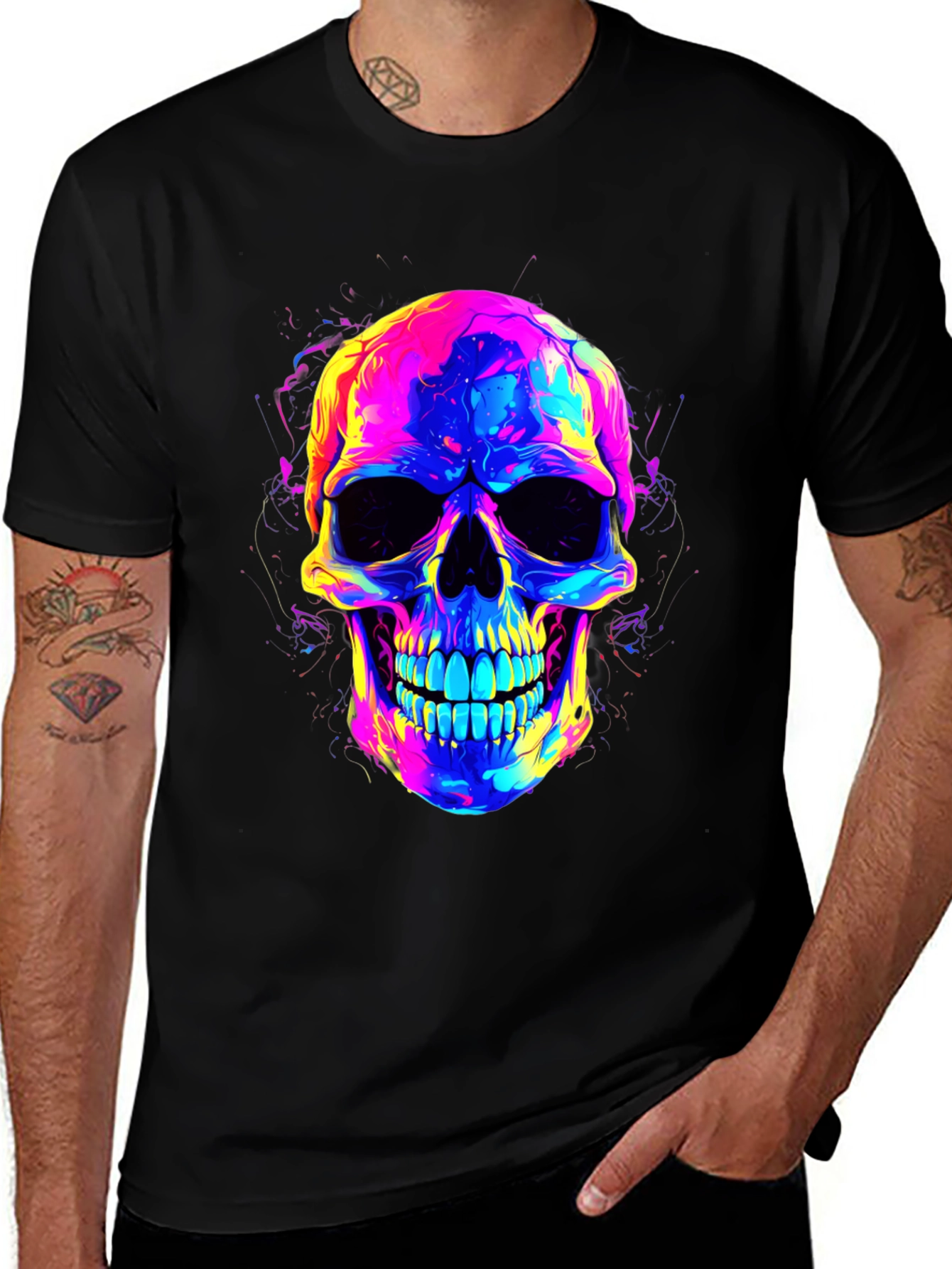 Variant 9 of Vibrant Skull Graphic Tee - Men's Black T-Shirt