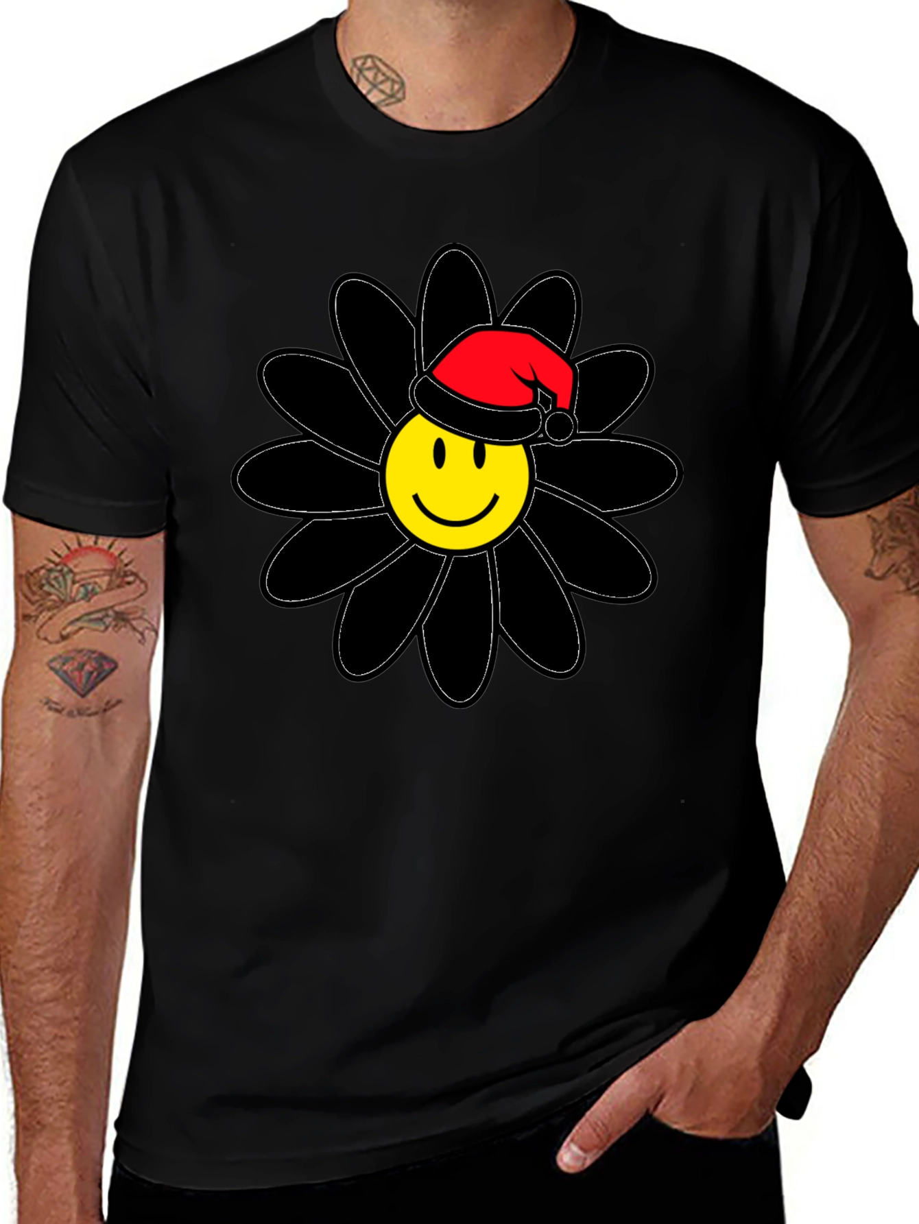 Variant 22 of Smiley Face Santa Hat Black Flower T-Shirt
